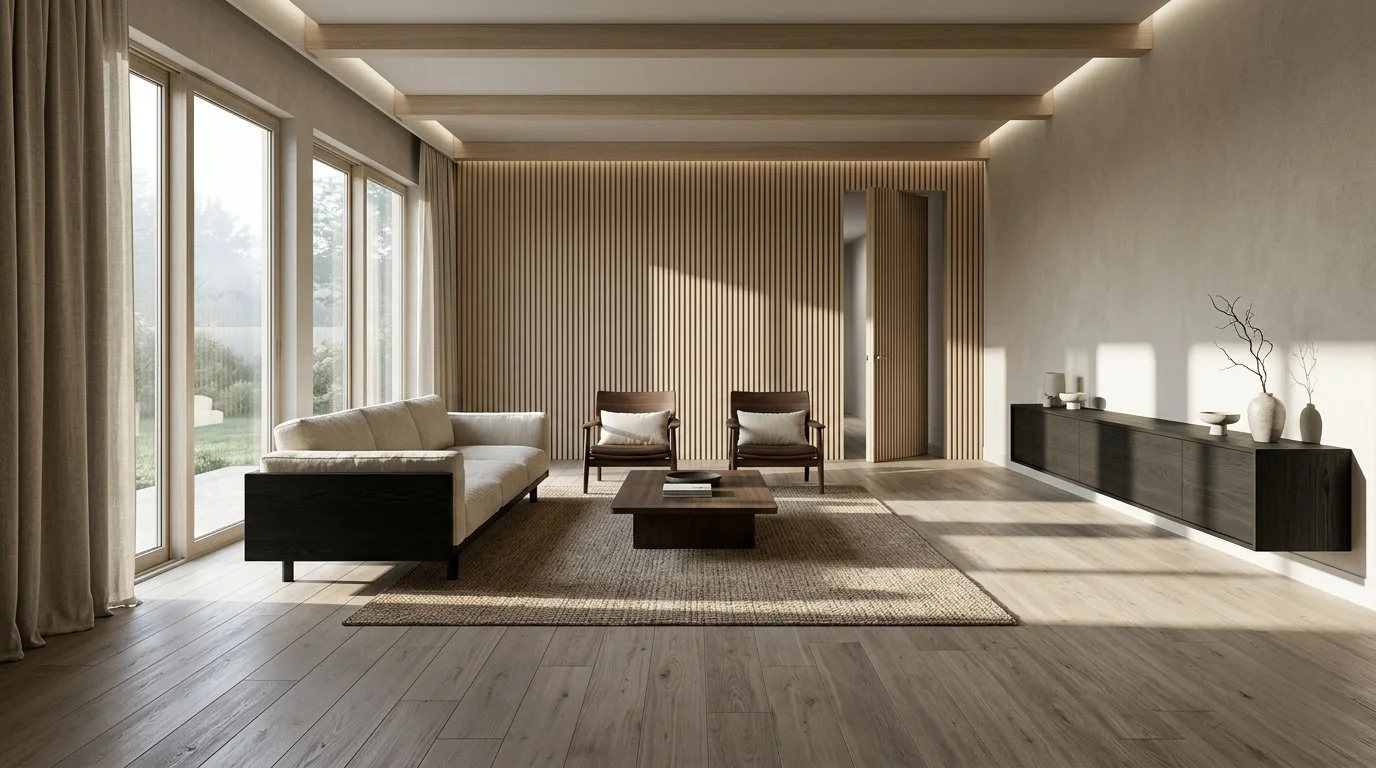 Modern Livingroom With Japandi Architecture & Muted Beige Tone Engineered Wood Flooring | CIERO