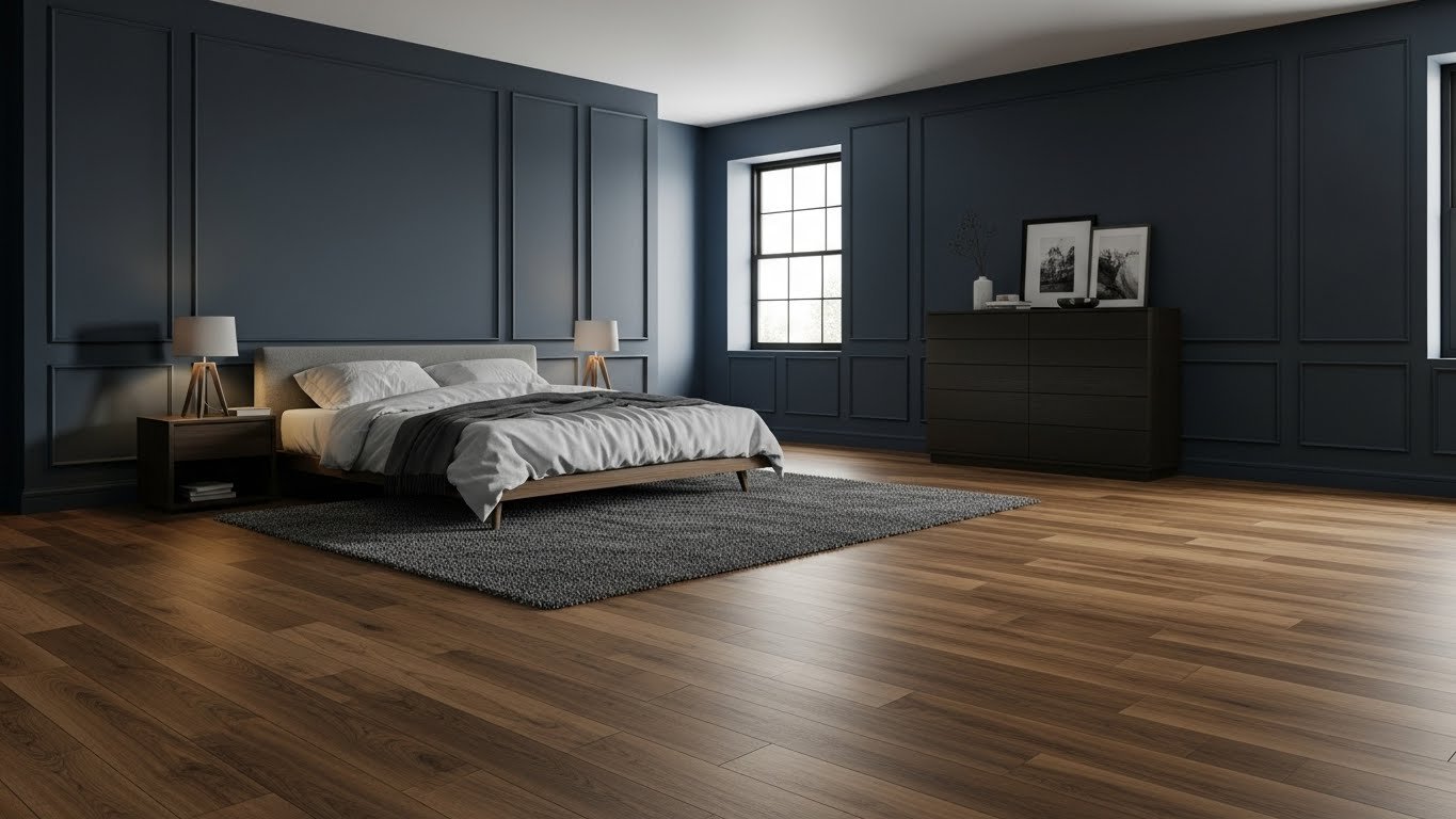 Modern blue bedroom with engineered wood flooring