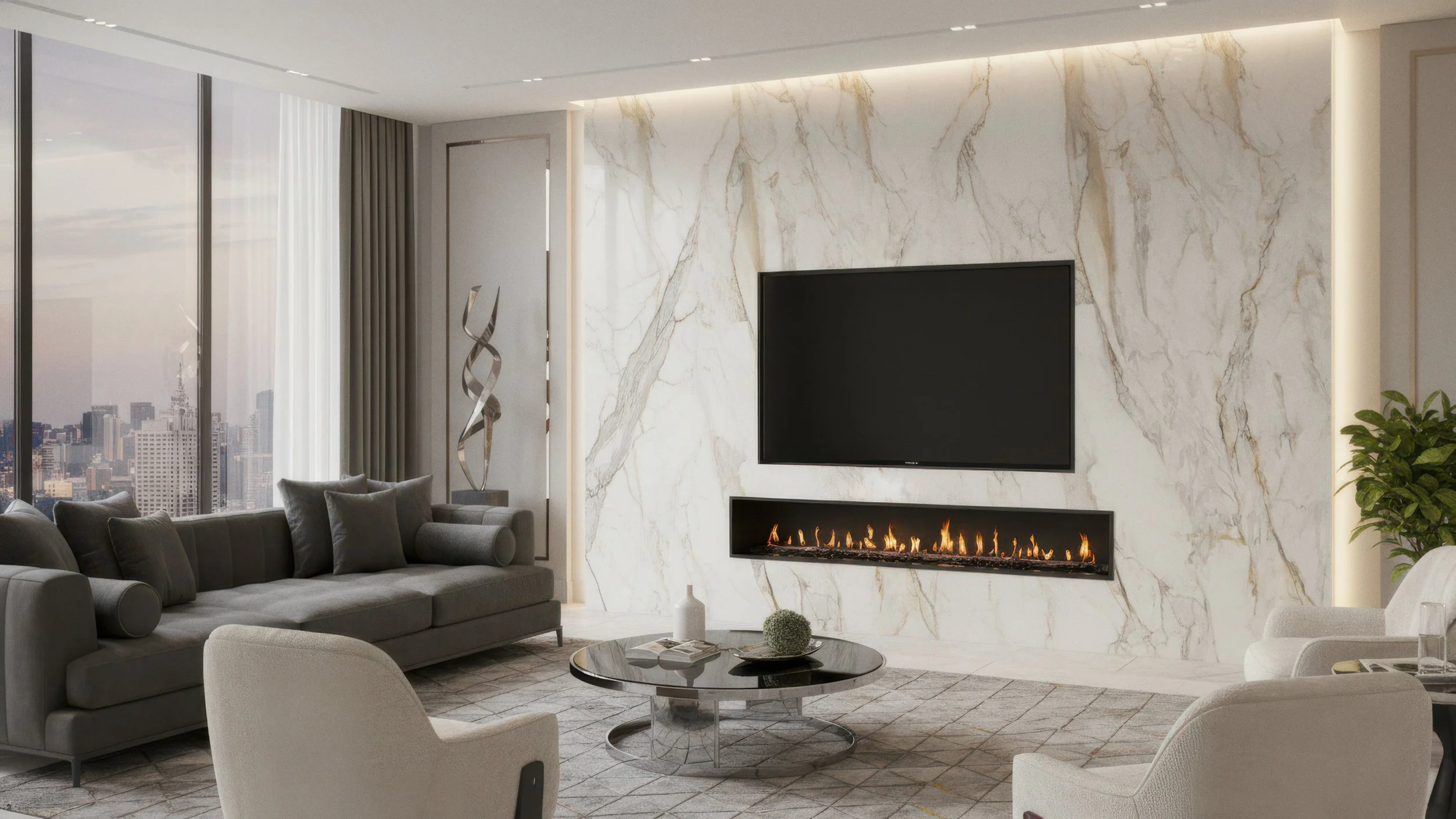 Modern livignroom with porcelain slab featurewall using CIERO's Arden Gold