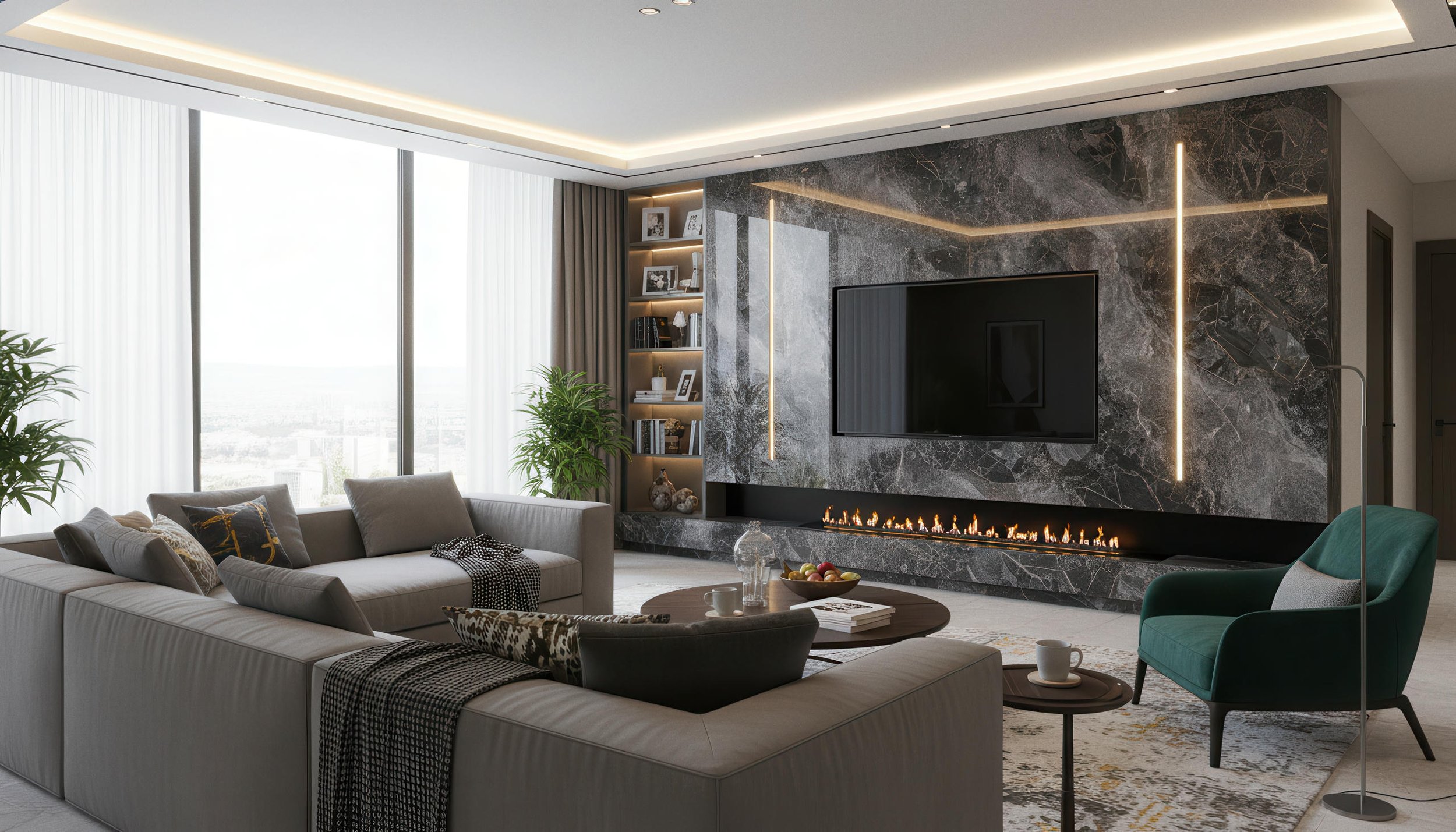 Modern Livingroom With Galaxy 4x9 Porcelain Slab Fireplace Featurewall | CIERO INC