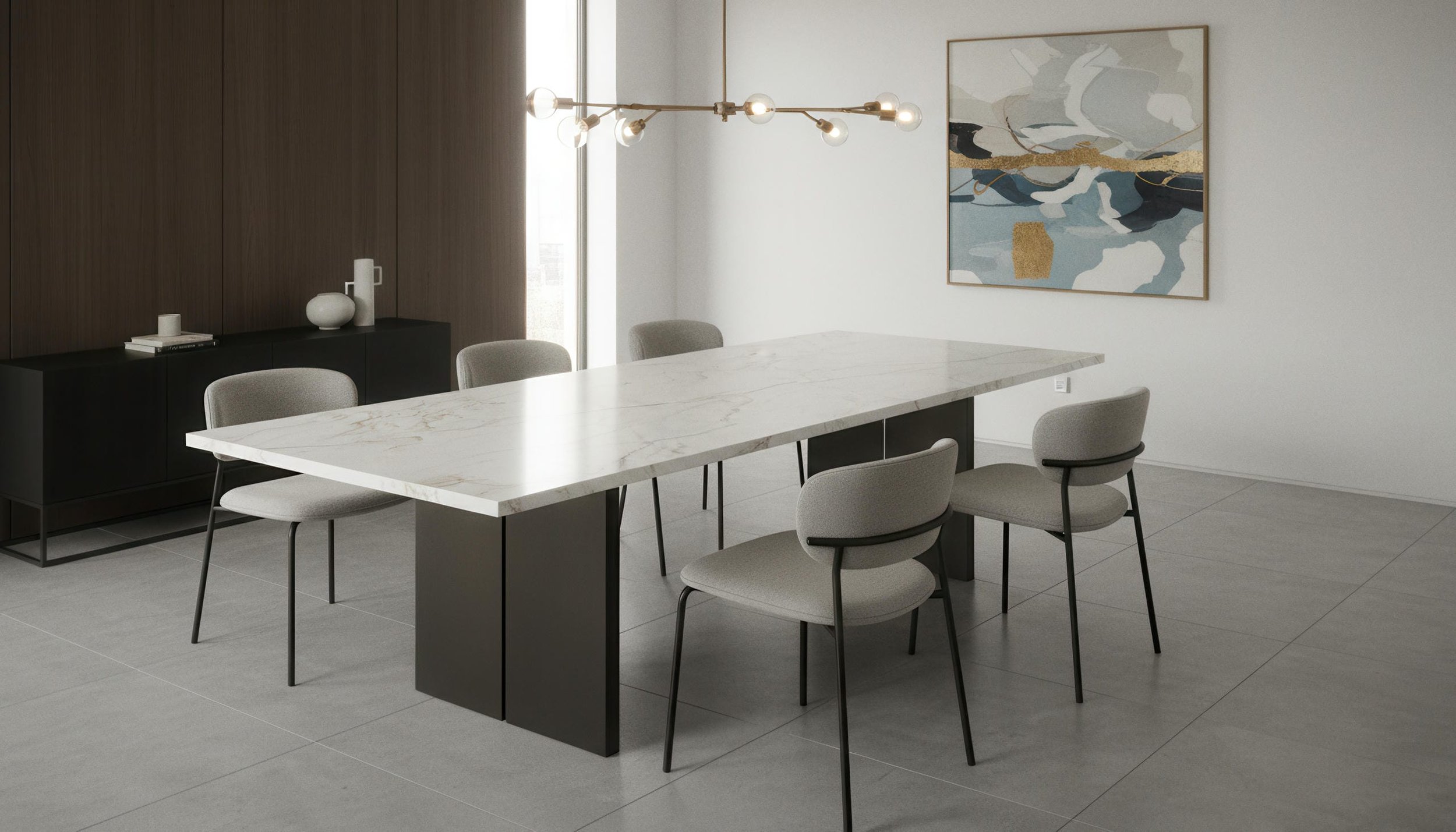 Modern Dining table made from Zeus White 5x10 Porcelain Slab | CIERO