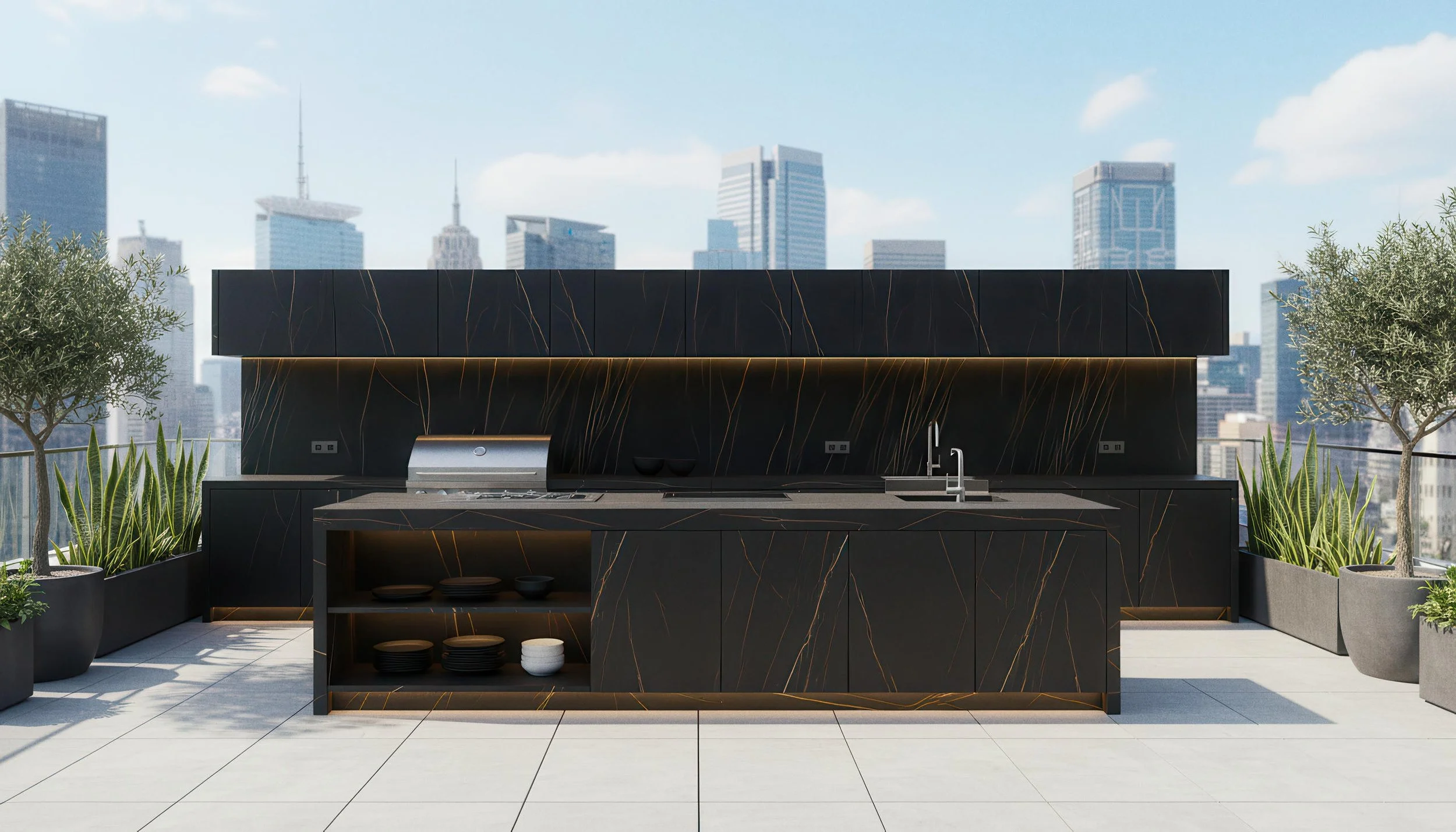 Modern Outdoor Kitchen With Sahara Noir 5x10 Porcelain Slab Island & Assembly | CIERO