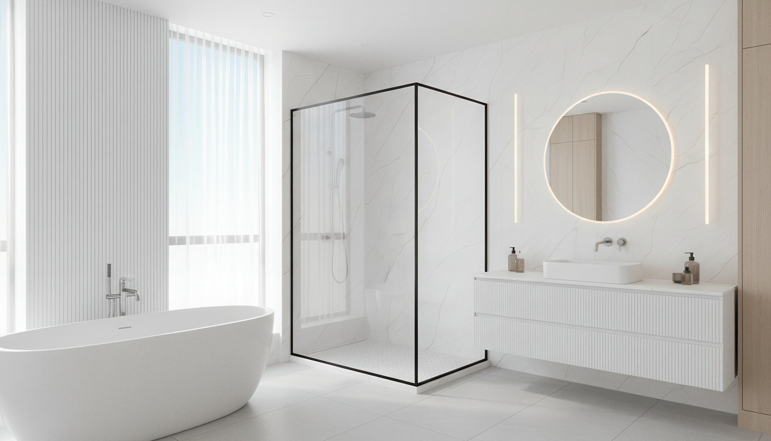 Modern Bathroom With Hurricane Beige 4x8 Porcelain Slab Shower Wall | CIERO