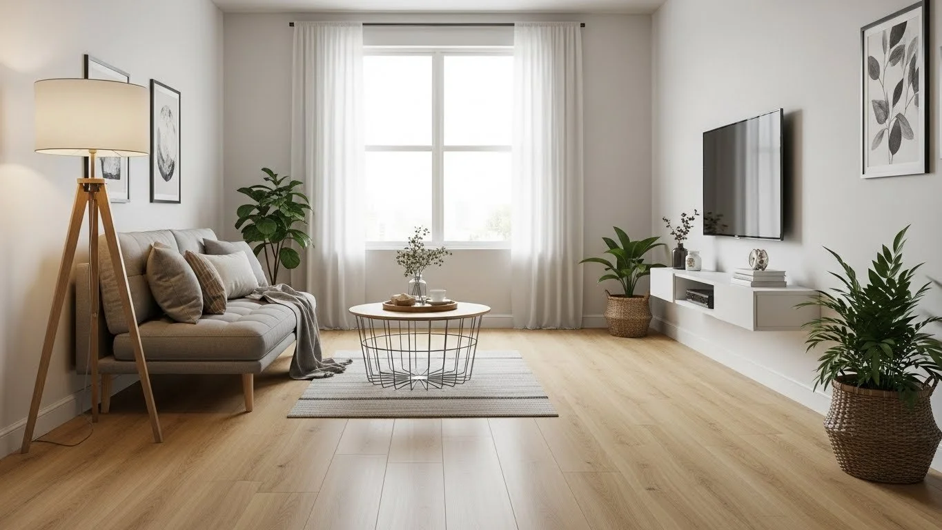 Small condo unit livingroom with SPC vinyl flooring