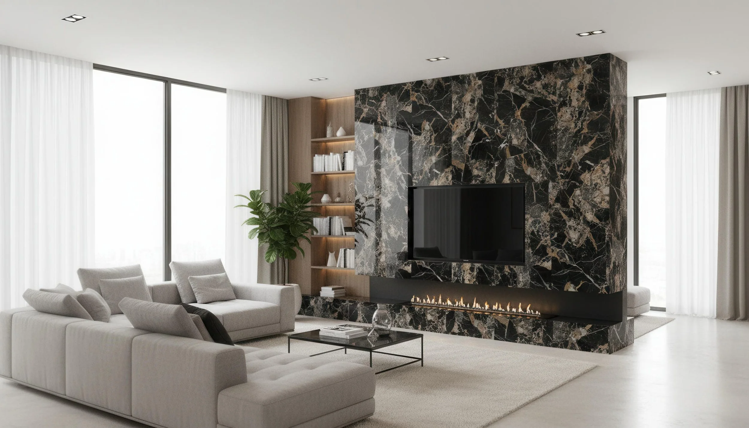 Modern Livingroom with Ankara Golden 5x10 Porcelain Slab Fireplace Featurewall | CIERO