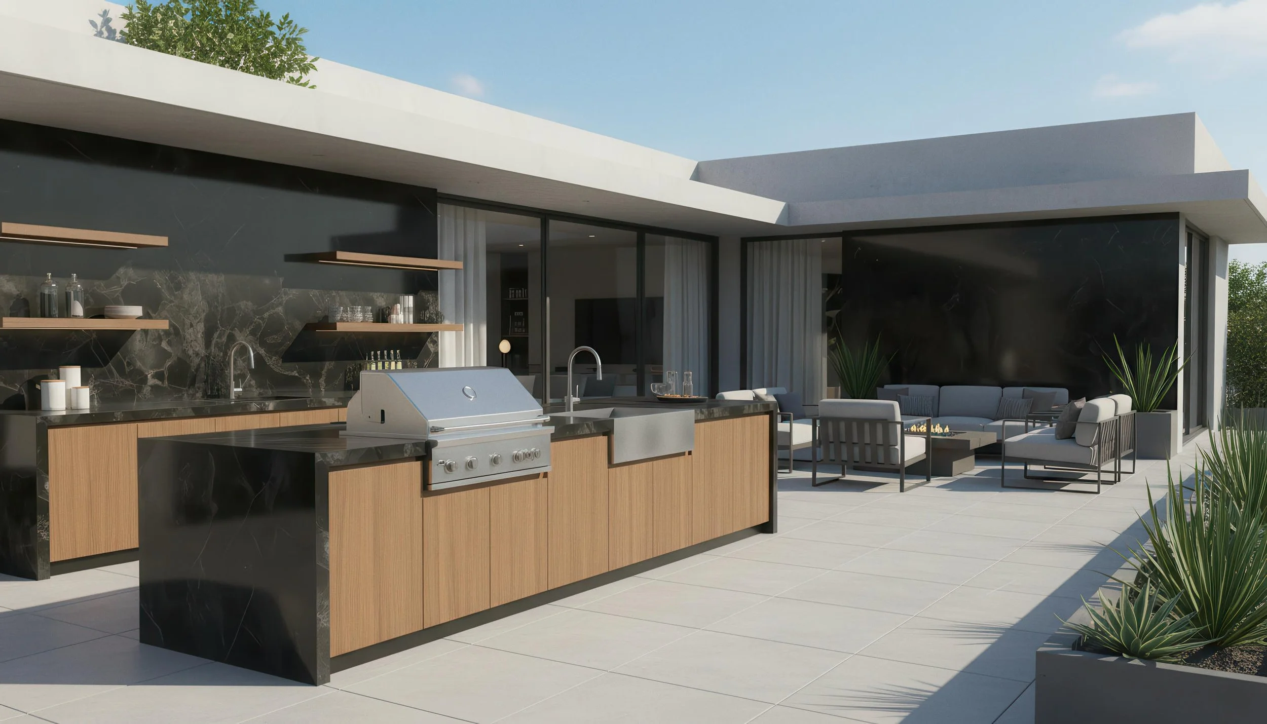 Modern Outdoor Kitchen With Onyx Noir 4x10 Porcelain Slab Island | CIERO