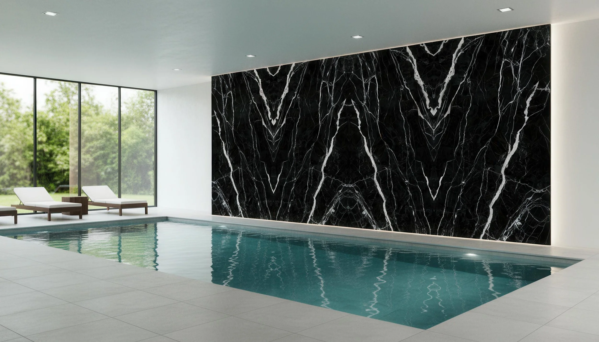 Modern indoor swimming Pool with Modern kitchen with Starry Seine 5x10 Porcelain Slab Feature wall | CIERO
