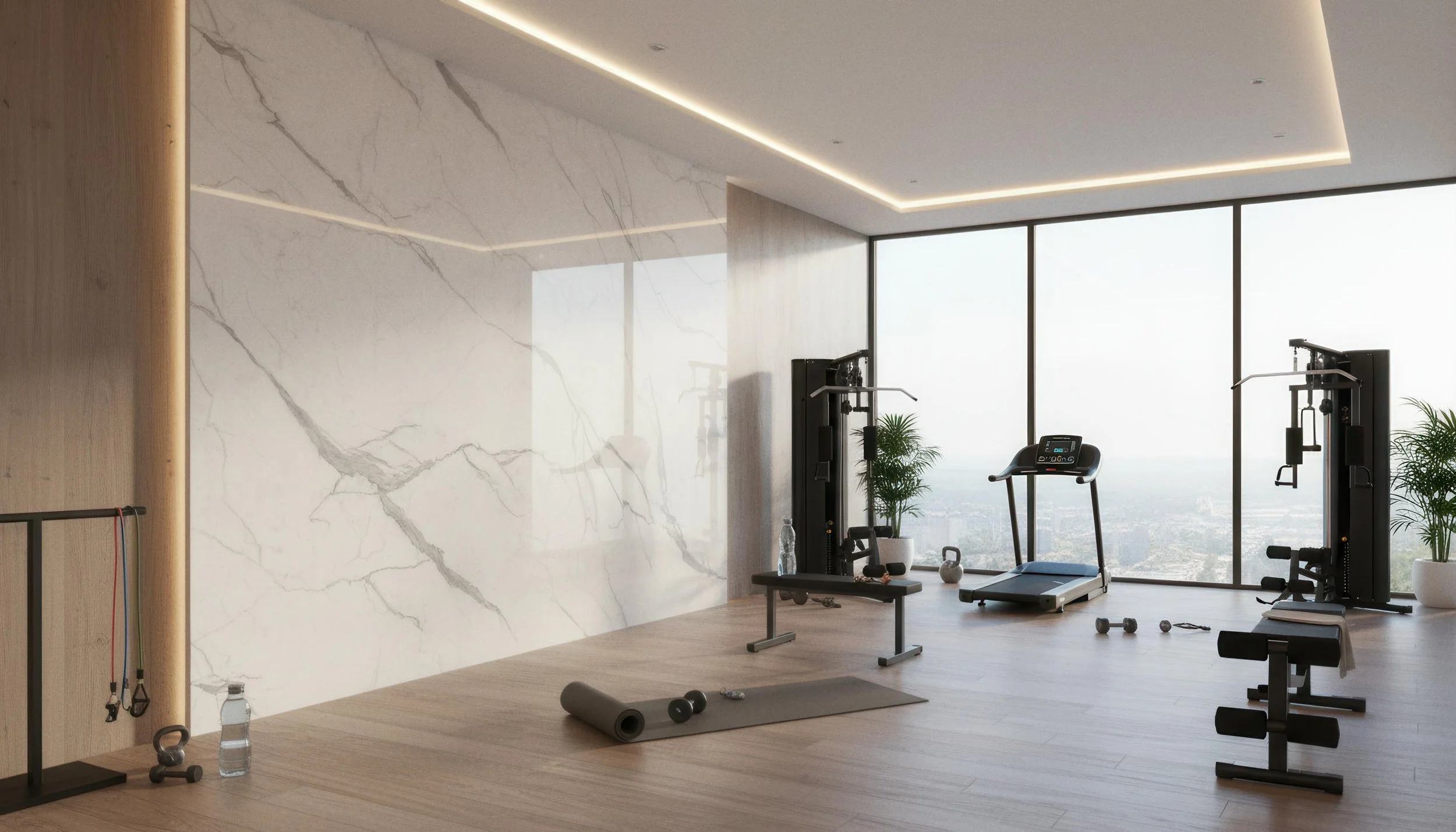 Modern Home Gym With Calacatta Victoria 4x8 Porcelain Slab Feature Wall | CIERO