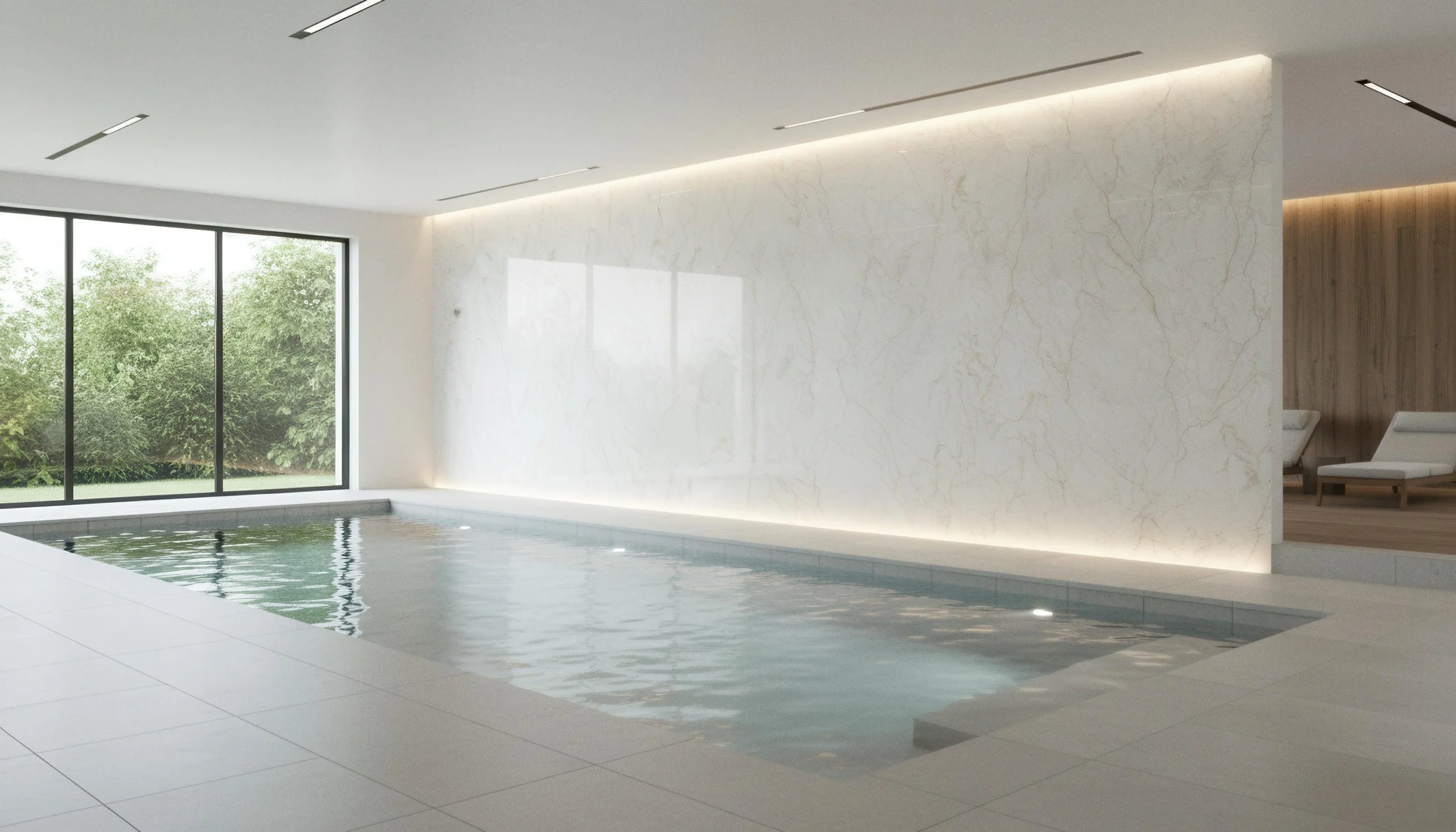 Modern indoor Swimming pool with Zeus White 5x10 Porcelain Slab Featurewall| CIERO