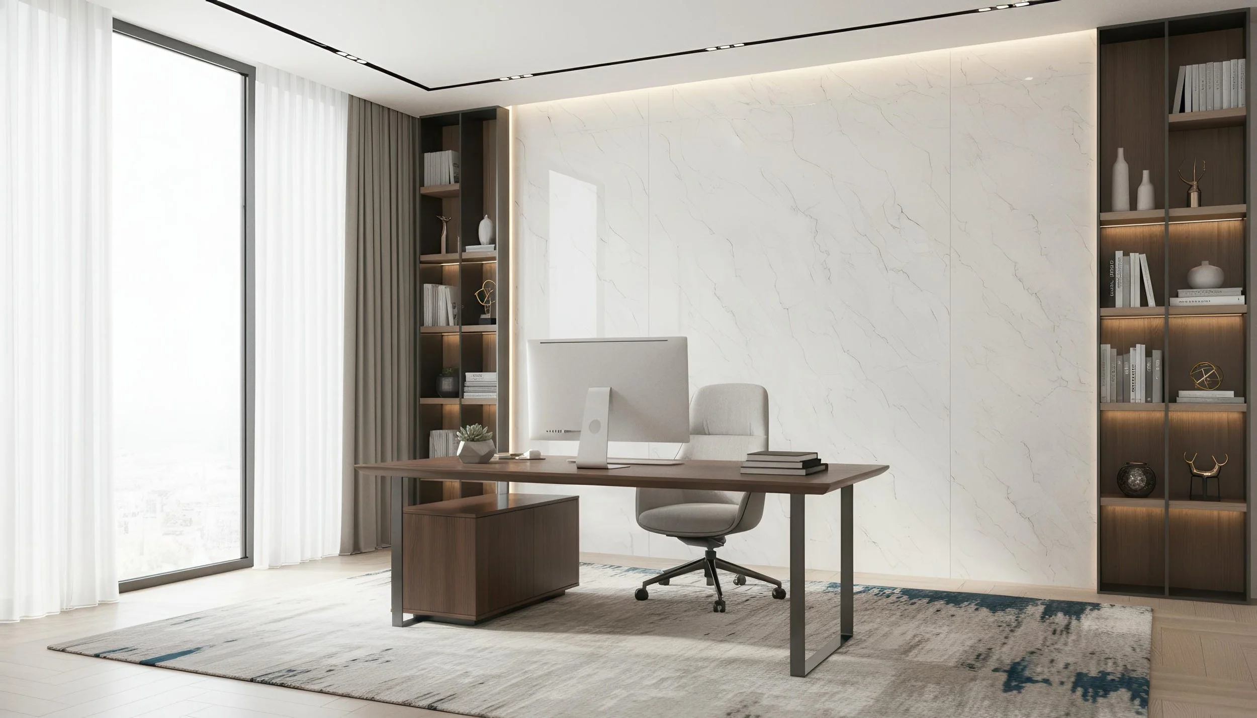 Modern Home Office With Statuario Dune 4x10 Porcelain Slab Feature Wall | CIERO