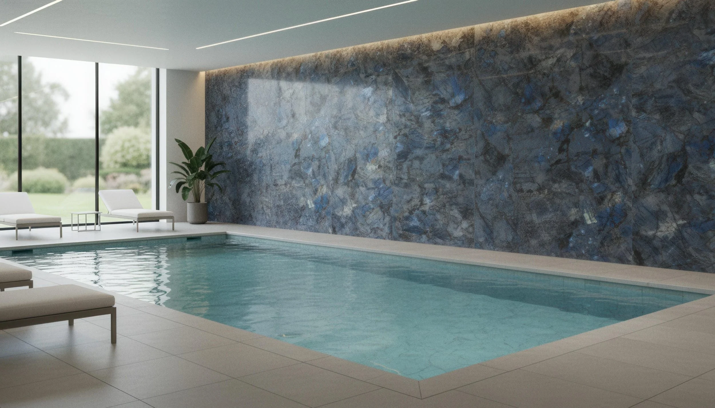 Modern indoor Pool with Opal Storm 5x10 Porcelain Slab Featurewall | CIERO