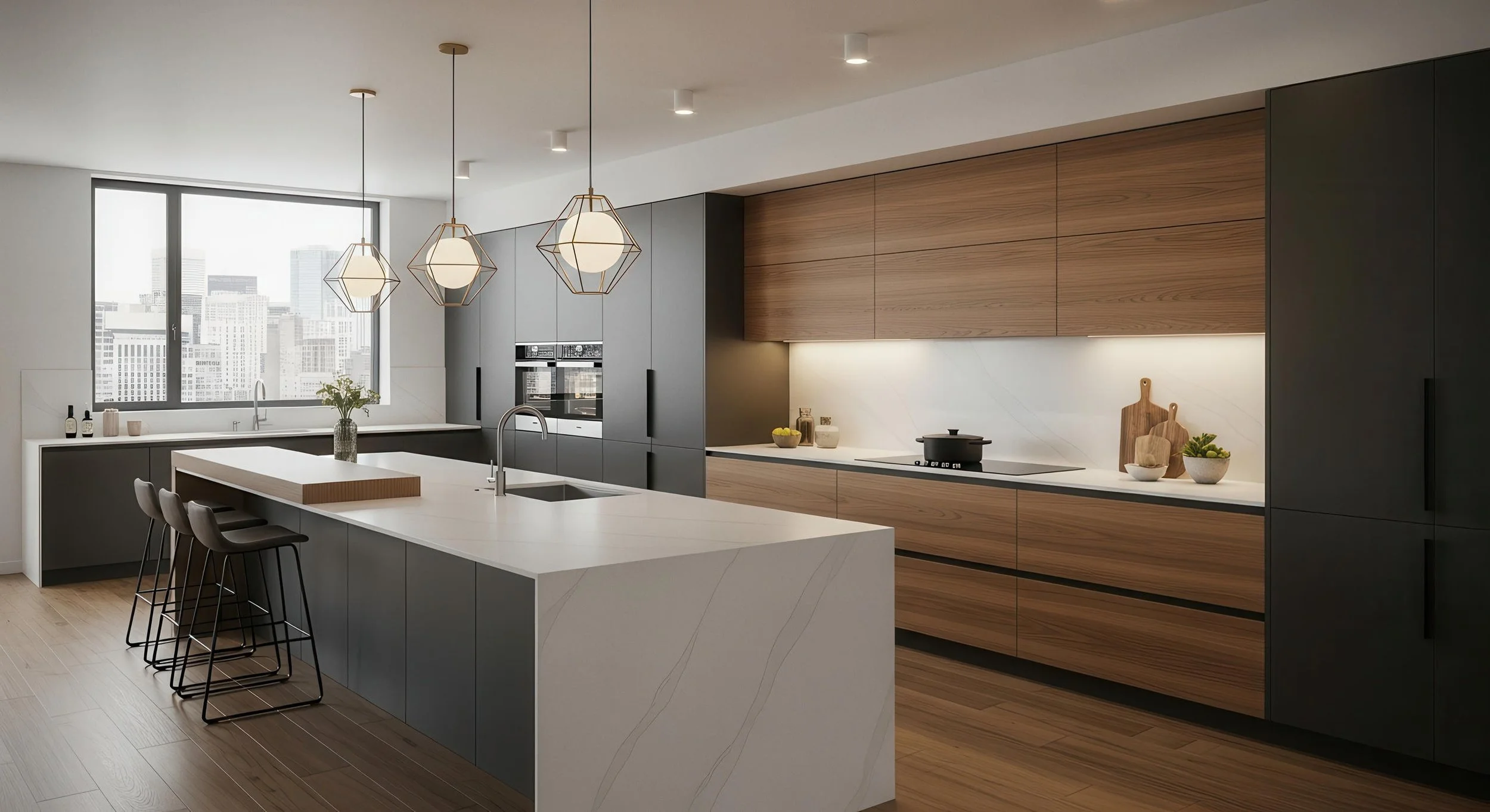 Modern Kitchen with Engineered Wood Flooring and Porcelain Slab Kitchen Island