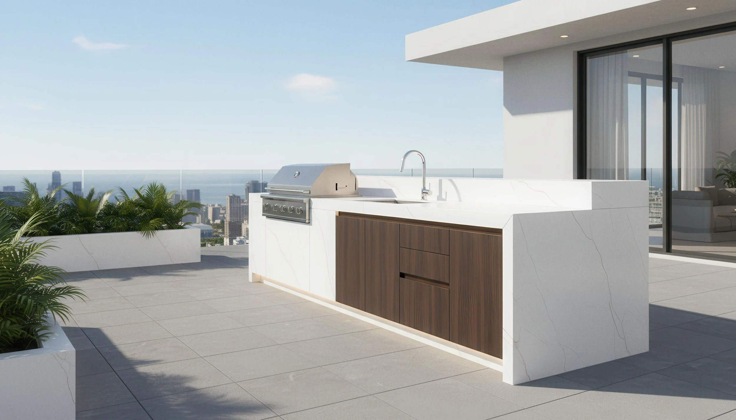 Modern Rooftop Kitchen With Hurricane Beige 4x8 Porcelain Slab Island | CIERO