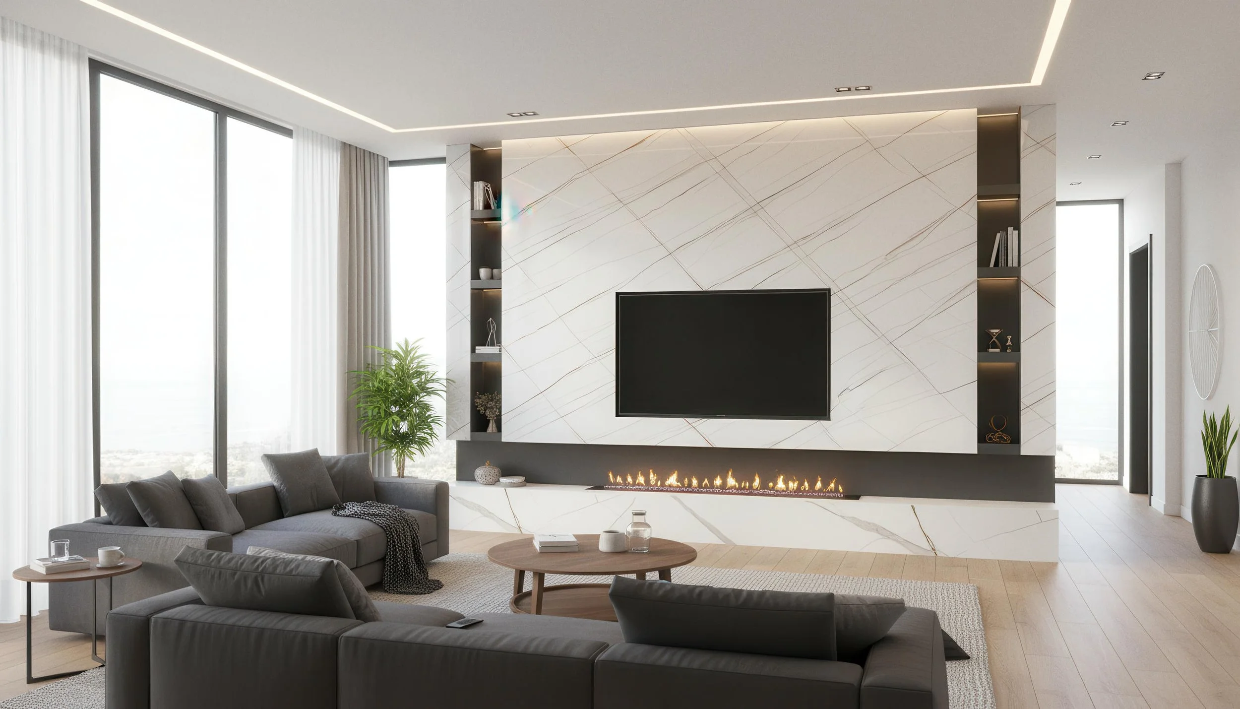 Modern Livingroom With Laurent Gilded White Porcelain Slab 5x10 Fireplace Media Wall | CIERO INC