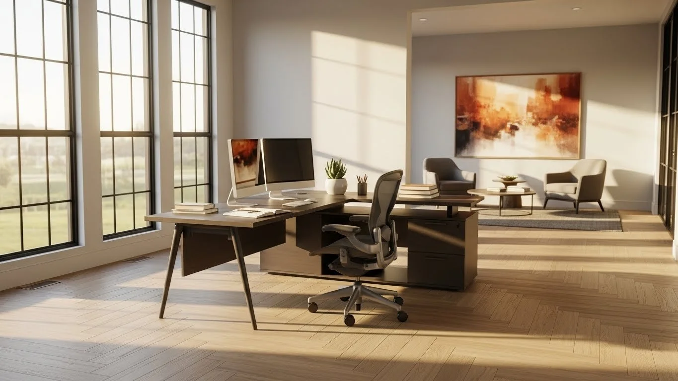 Modern Office Space in Early Golden Light Hour Featuring Chevron Style Engineered Wood Flooring