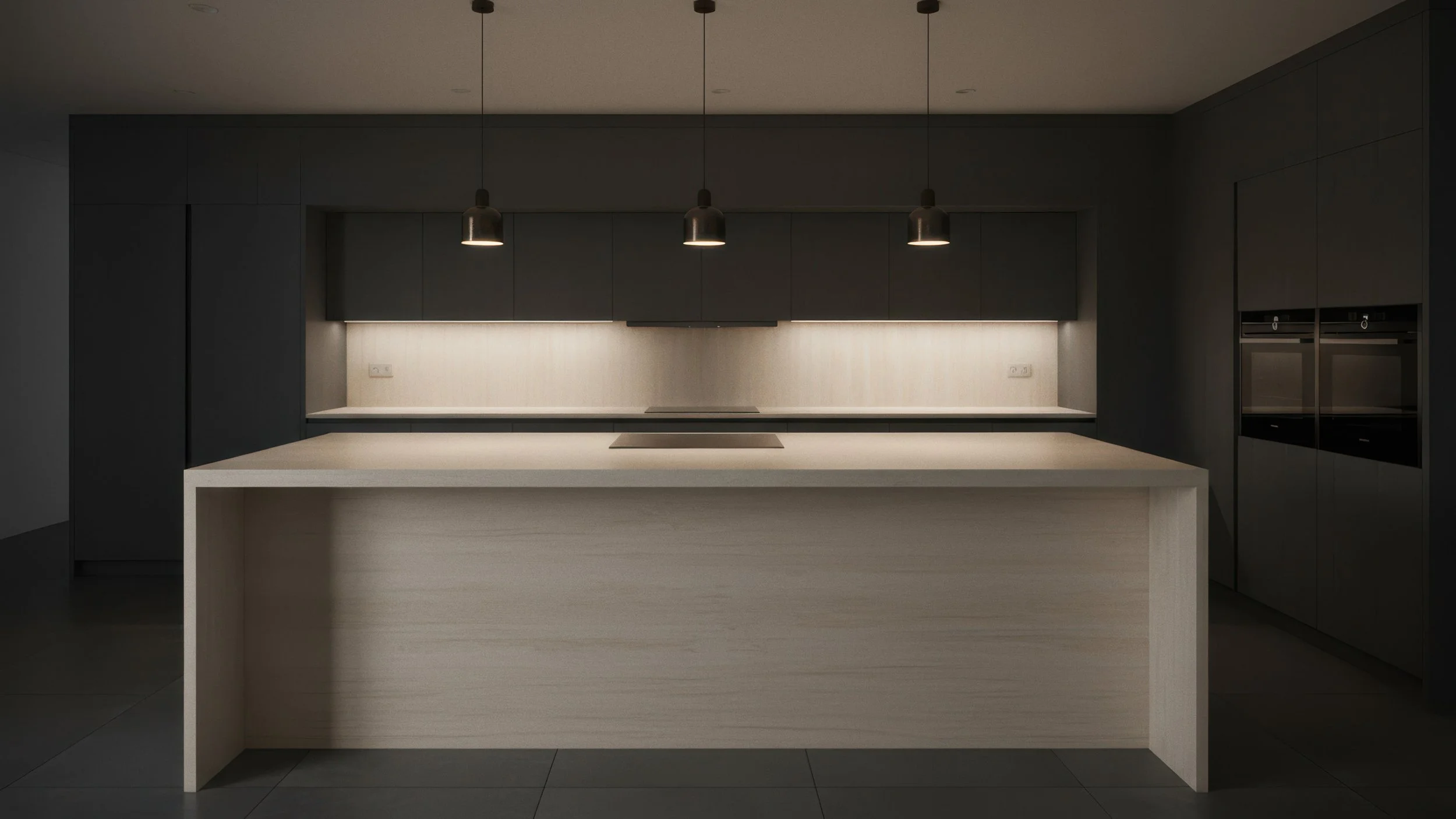Modern Kitchen island with travertino porcelain slab design set in the evening