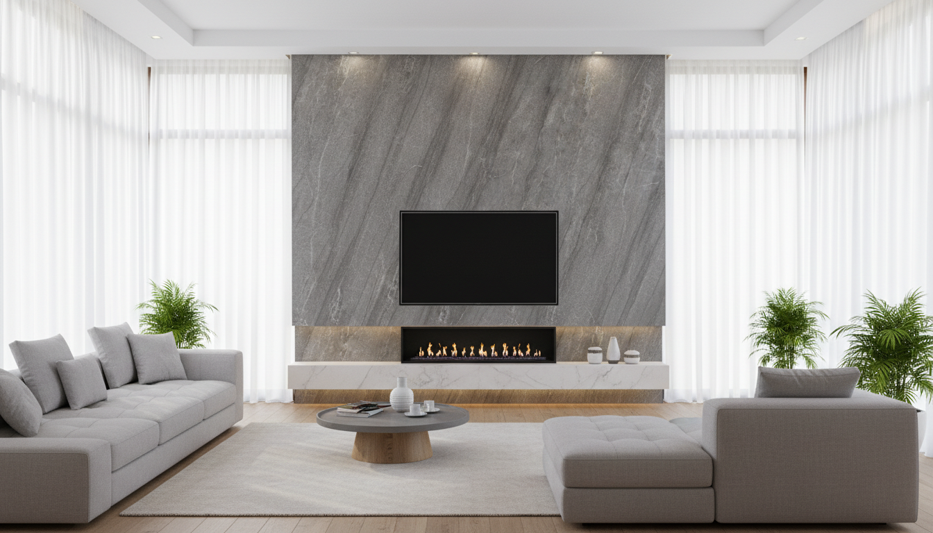 Modern Livingroom With Calacatta Storm 4x10 Porcelain Slab Fireplace Featurewall | CIERO