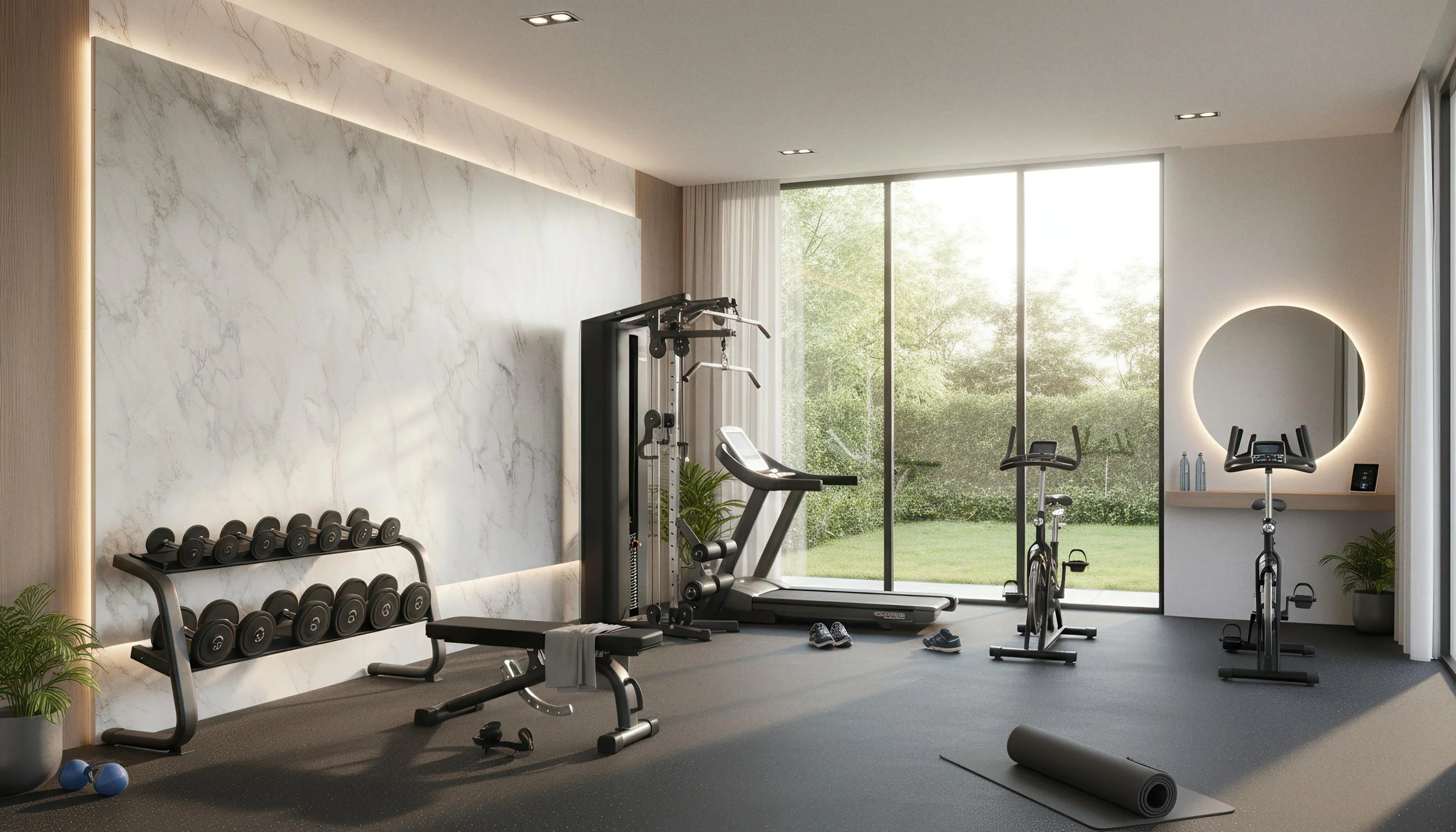 Modern Home Gym Setup With Vienna White 4x9 Porcelain Slab Accent Wall | CIERO