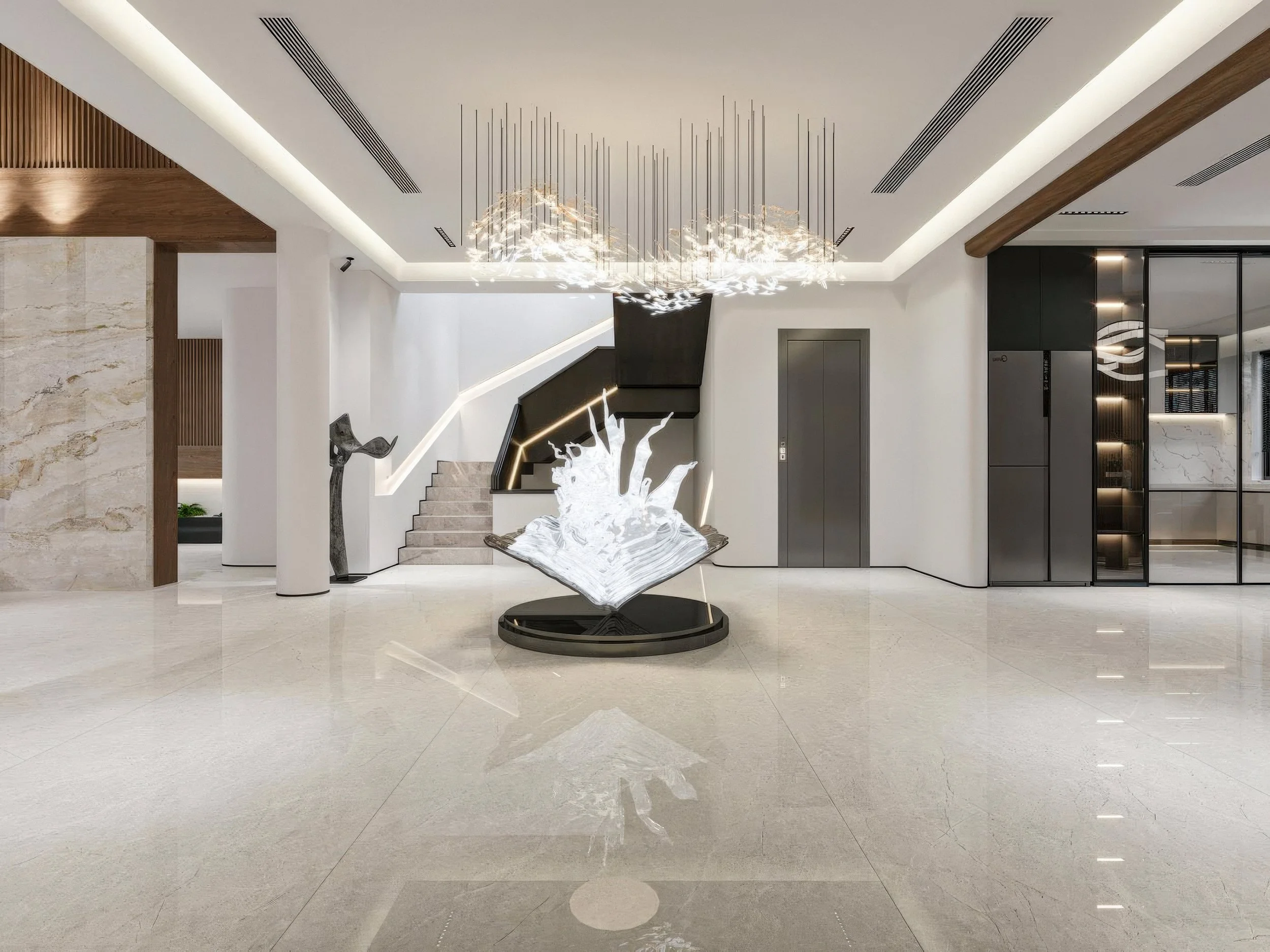 ivory Limestone Porcelain Slab used in Flooring application of a large open kitchen