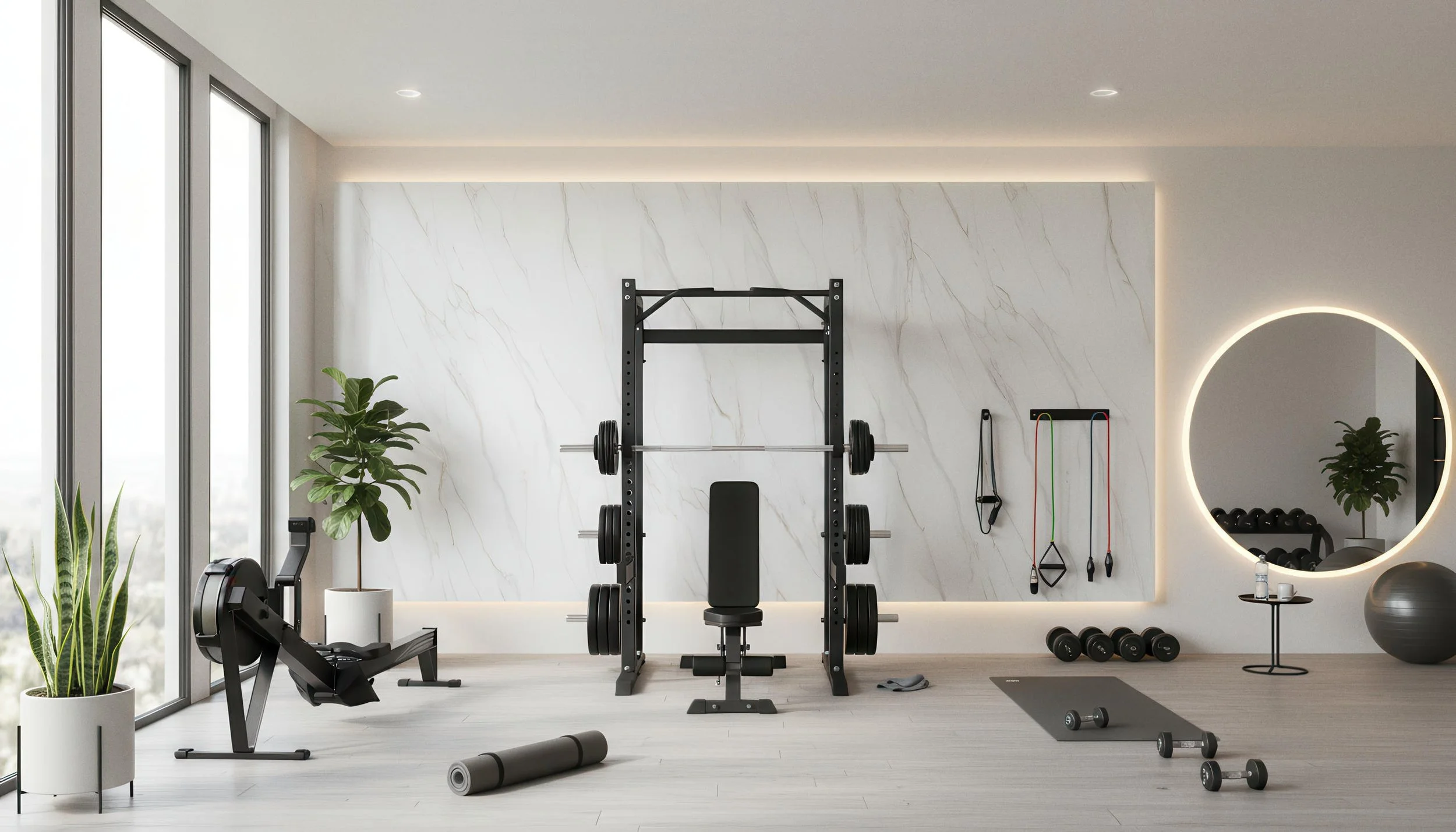 Modern Home Gym Setup With Calacatta Nuvola 4x9 Porcelain Slab Feature Wall | CIERO