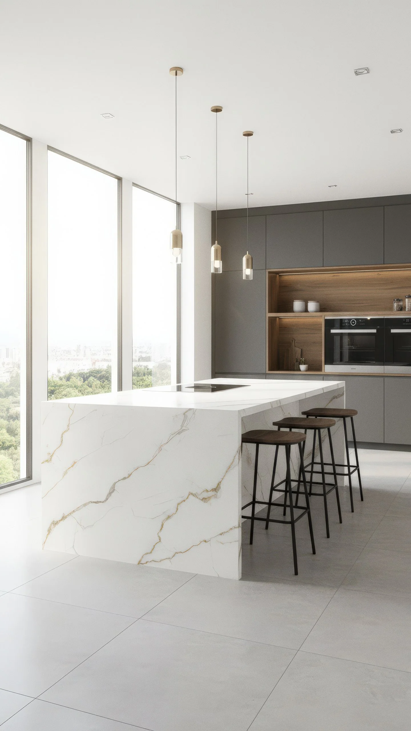 modern penthouse kitchen island made with calacatta polido porcelain slab from CIERO INC
