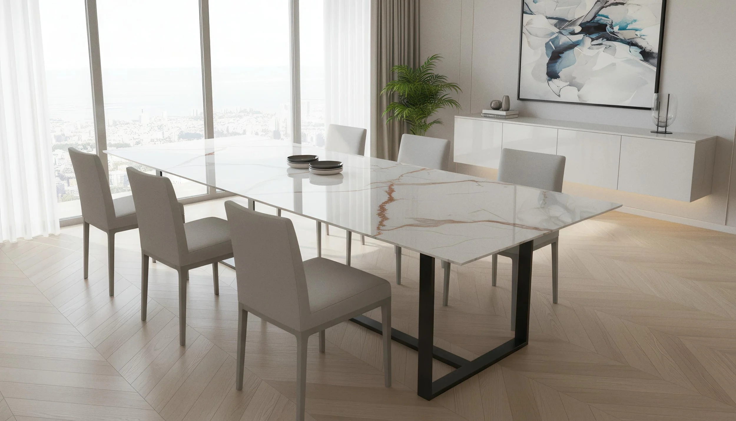 Modern Dining Table Made With Viola Gold 4x9 Porcelain Slab | CIERO