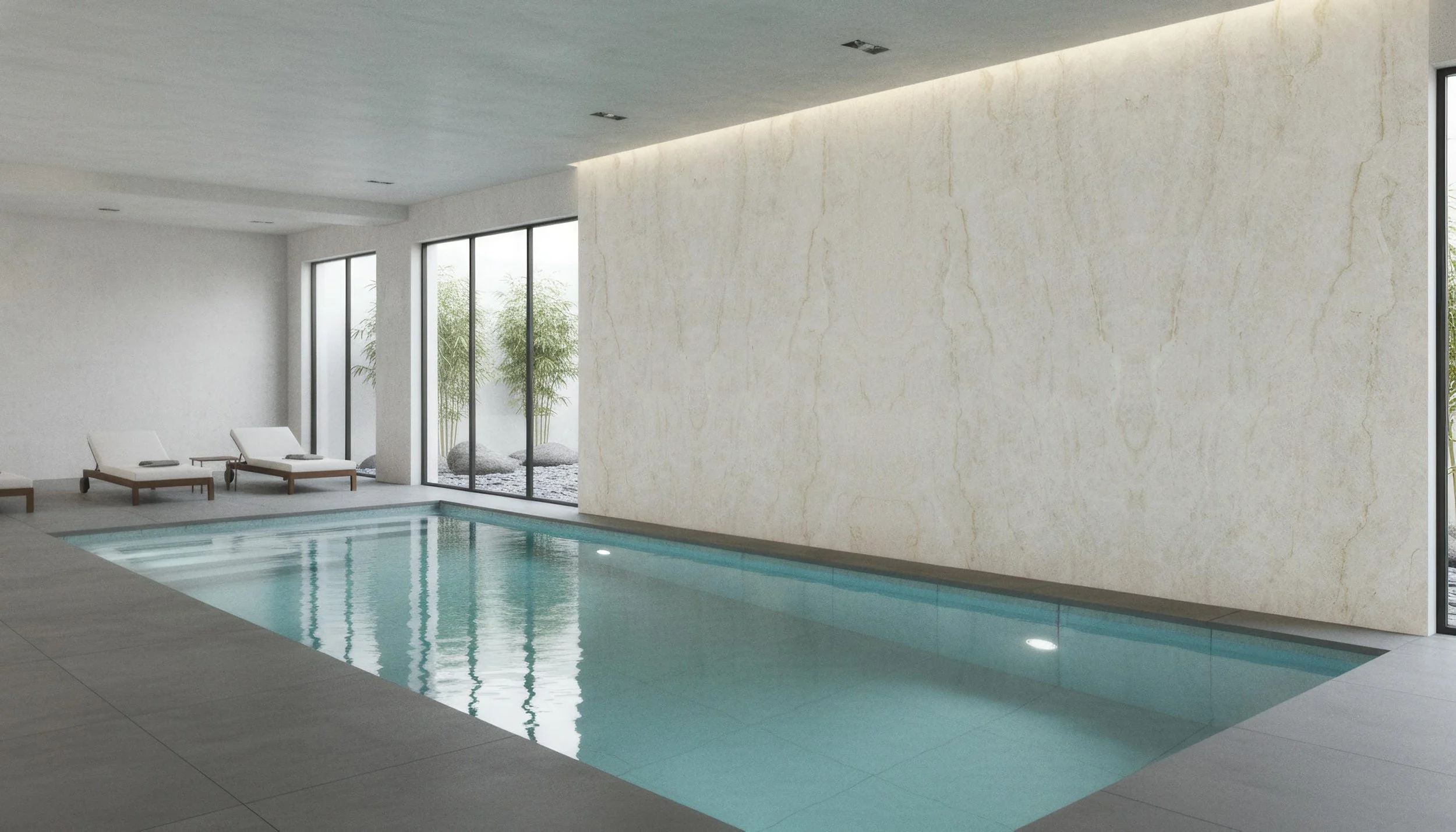 Modern Indoor Pool with Taj Mahal 5x10 Porcelain Slab Feature wall| CIERO