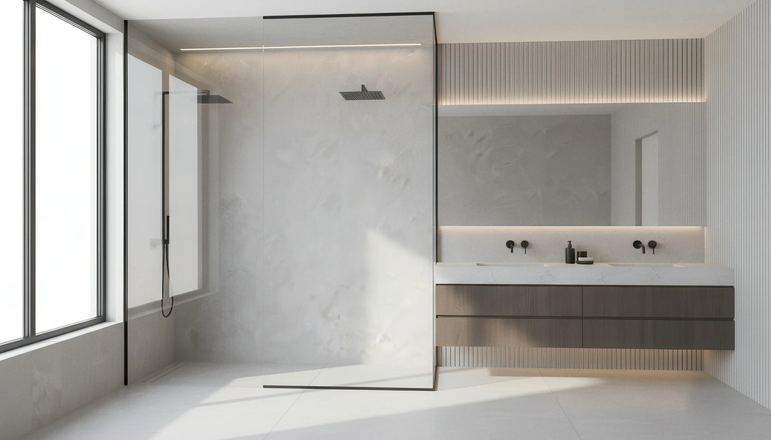 Modern Bathroom With Pulpis Grey 4x9 Porcelain Slab Shower Wall | CIERO