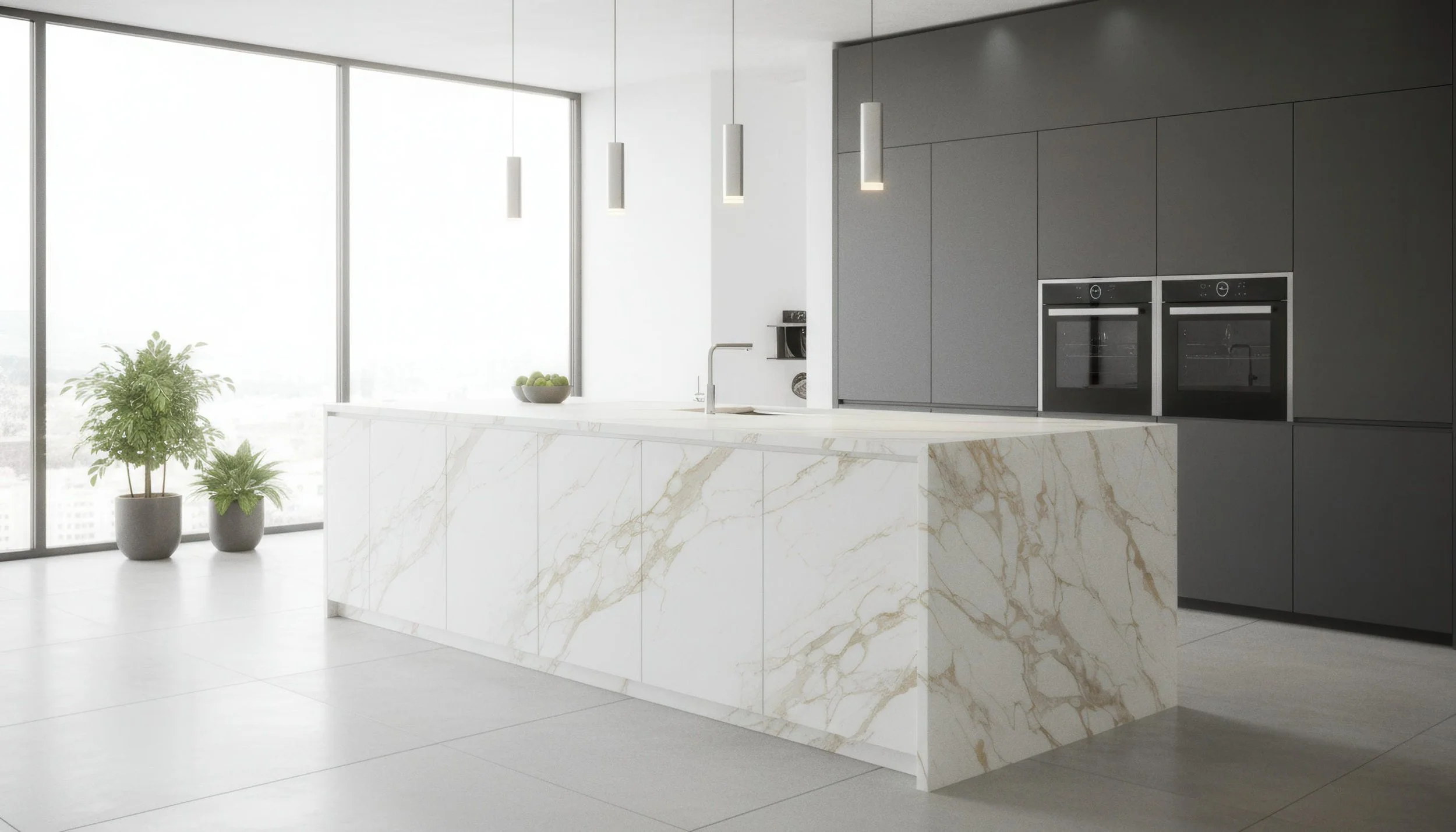 Modern Kitchen with Givenchy Gold 5x10 Porcelain Slab Kitchen Island