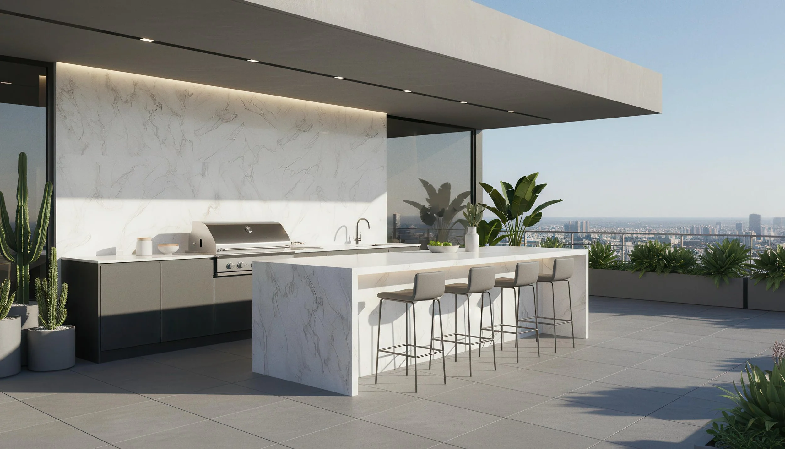 Modern Rooftop Kitchen With Vienna White 4x9 Porcelain Slab Island & Backsplash Wall | CIERO