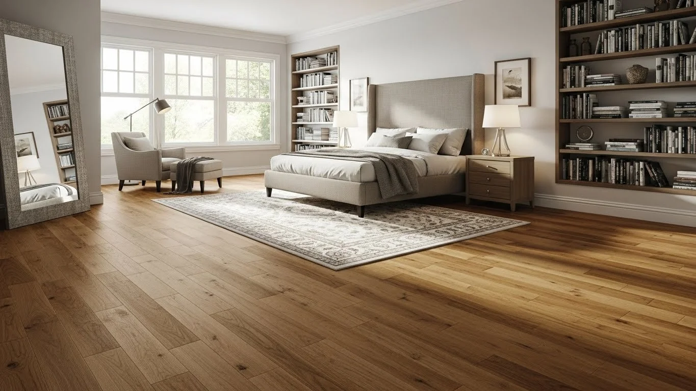 Semi Modern large bedroom with engineered wood flooring