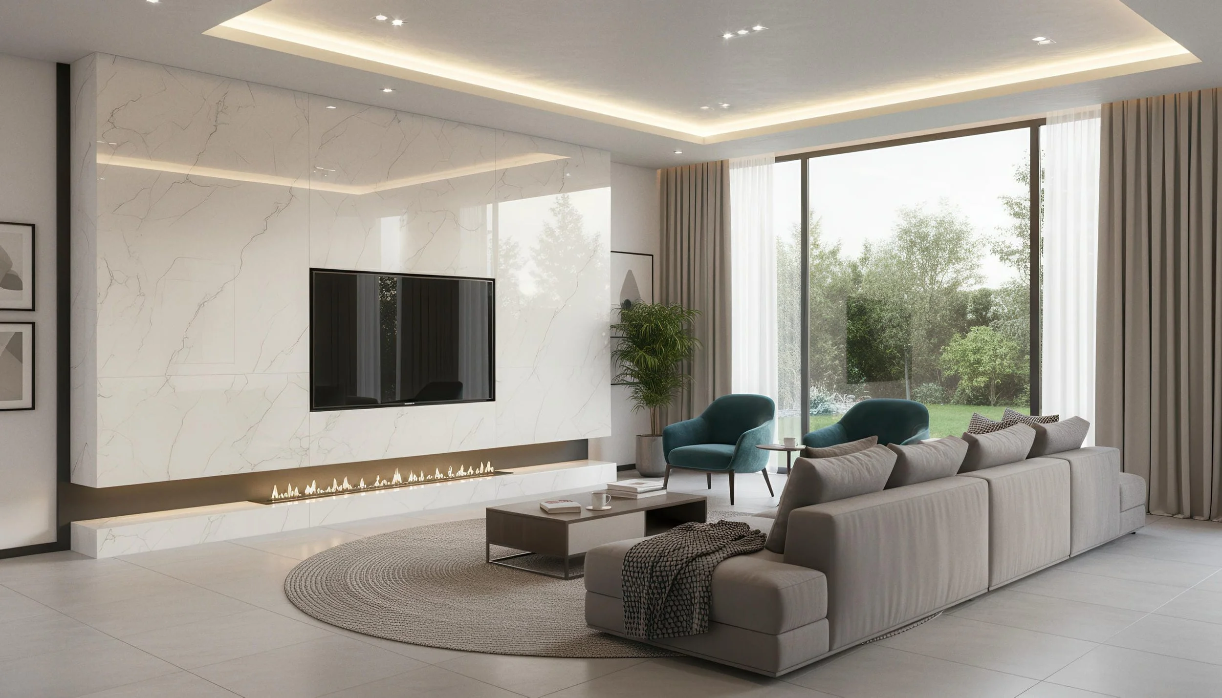 Modern Livingroom With Statuario Dune 4x10 Porcelain Slab Fireplace Featurewall | CIERO