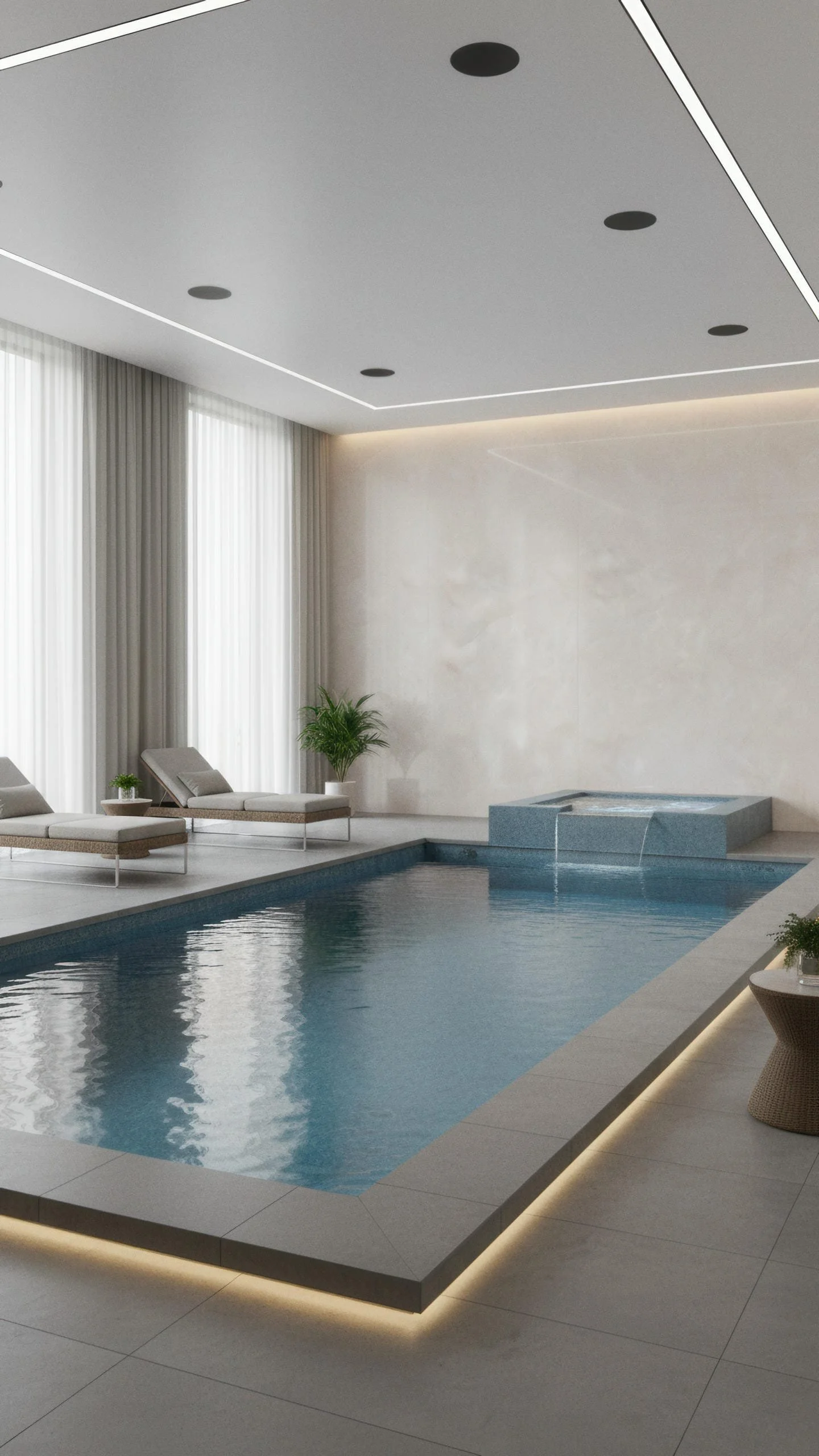 Modern Indoor Swimming Pool Room With Glacier Porcelain Slab 5x10 | CIERO INC