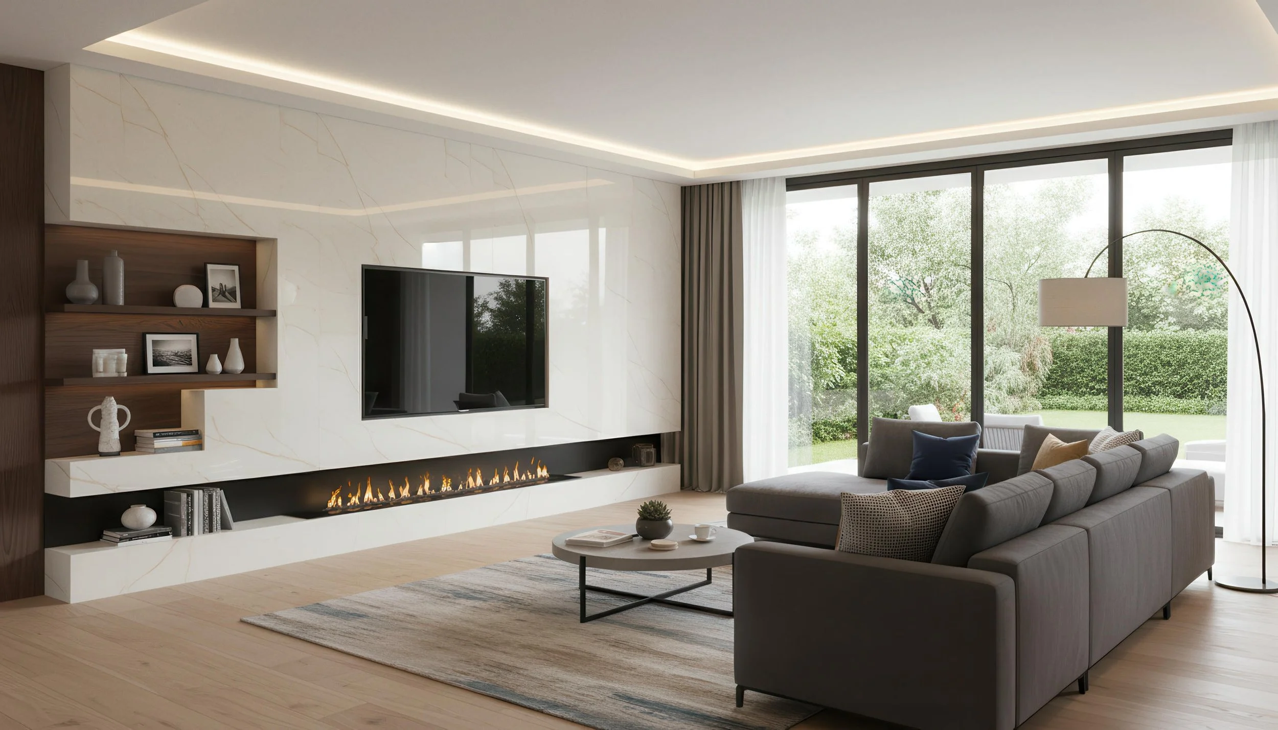 Modern Livingroom With Ice Crystal 4x8 Porcelain Slab Fireplace Accent Wall | CIERO