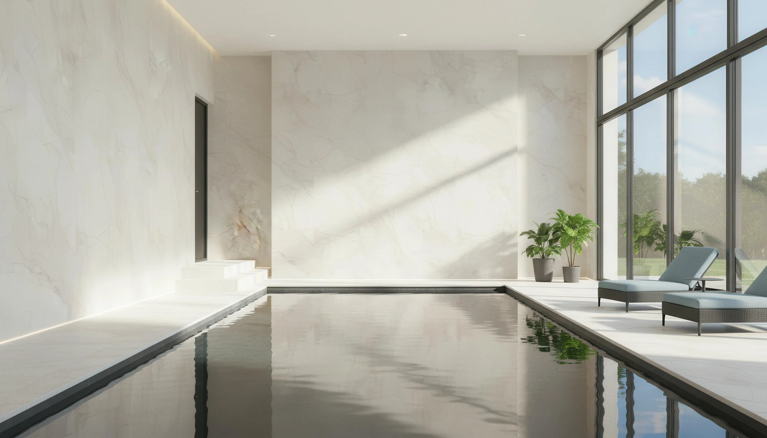 Modern Indoor Pool With Mystic Ivory 4x8 Porcelain Slab Accent Wall | CIERO