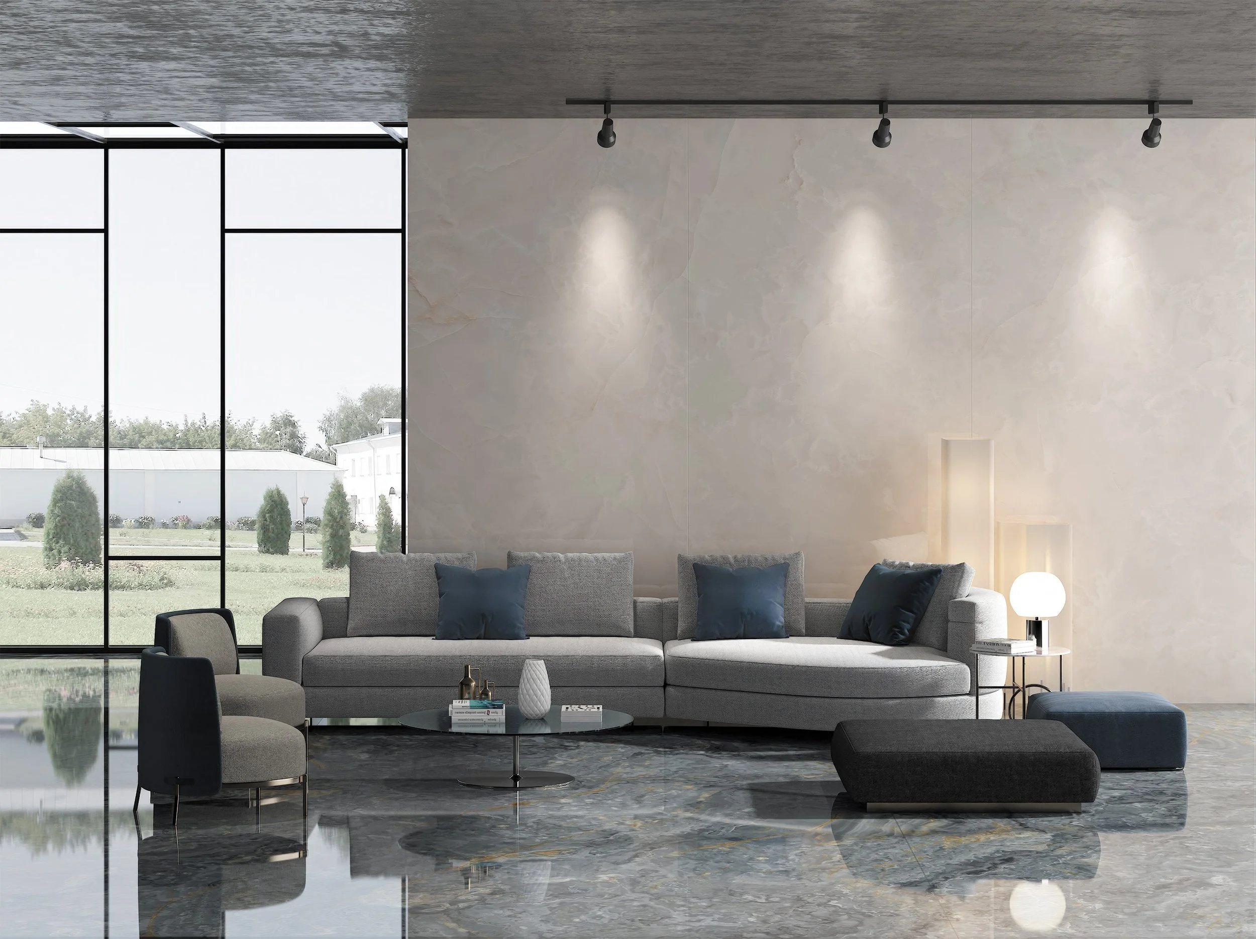 Modern Livingroom with Featurewall utilizing Glacier 5x10 Porcelain Slab from CIERO INC