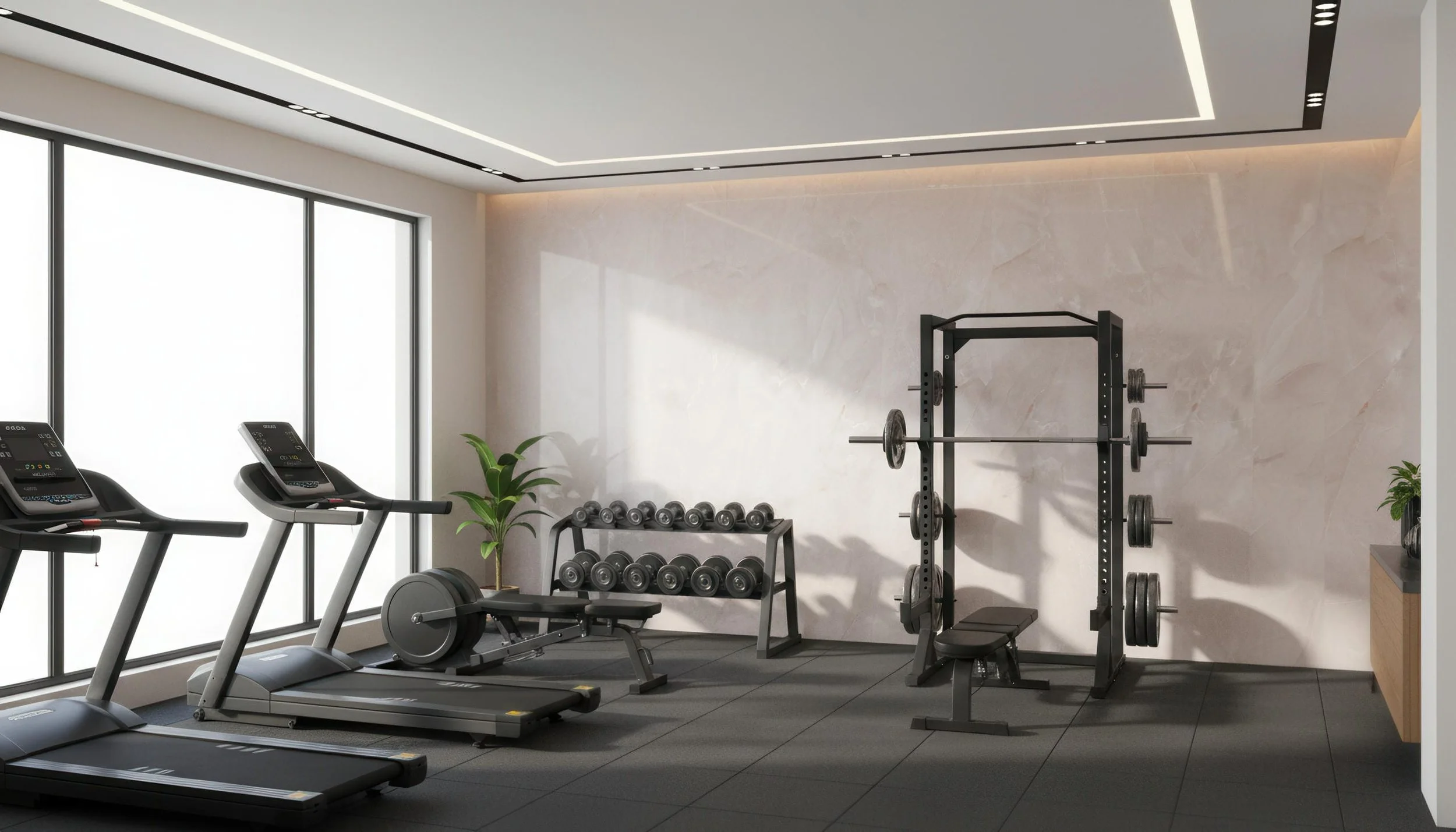 Modern Home Gym, with Onyx Pink 4x10 Porcelain Slab Feature Wall | CIERO