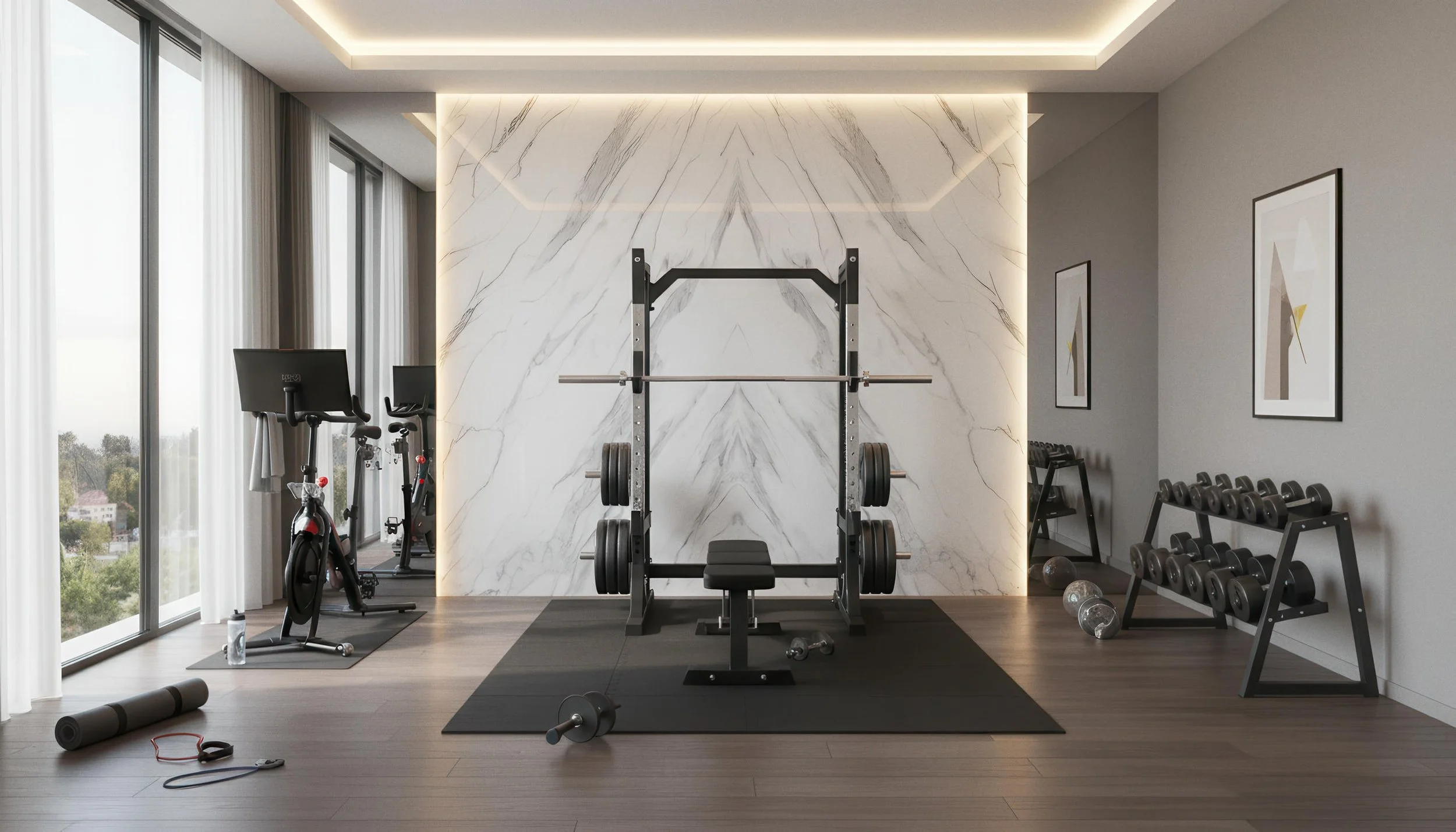 Modern Home Gym Setup With Alaska White 4x9 Porcelain Slab Featurewall | CIERO