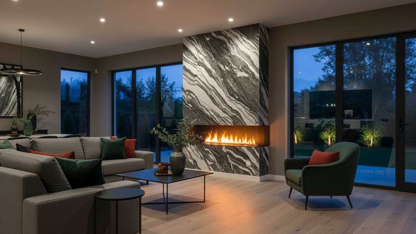 Modern Livingroom with fireplace porcelain slabfeature wall and dark tone in the evening.