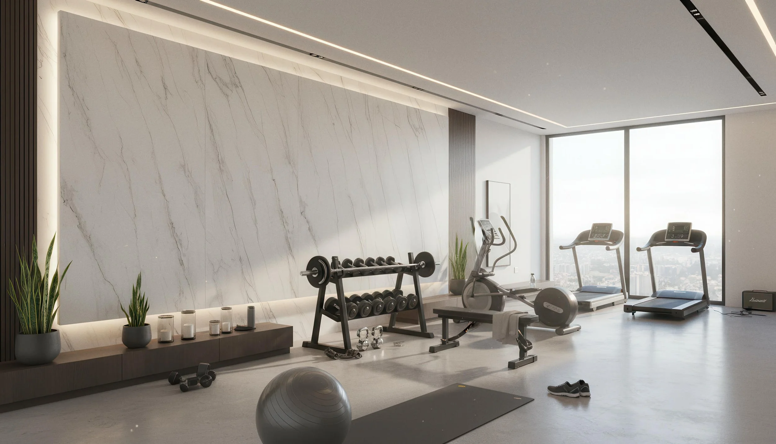 Modern Home Gym With Calacatta Carina 4x9 Porcelain Slab Feature Wall | CIERO