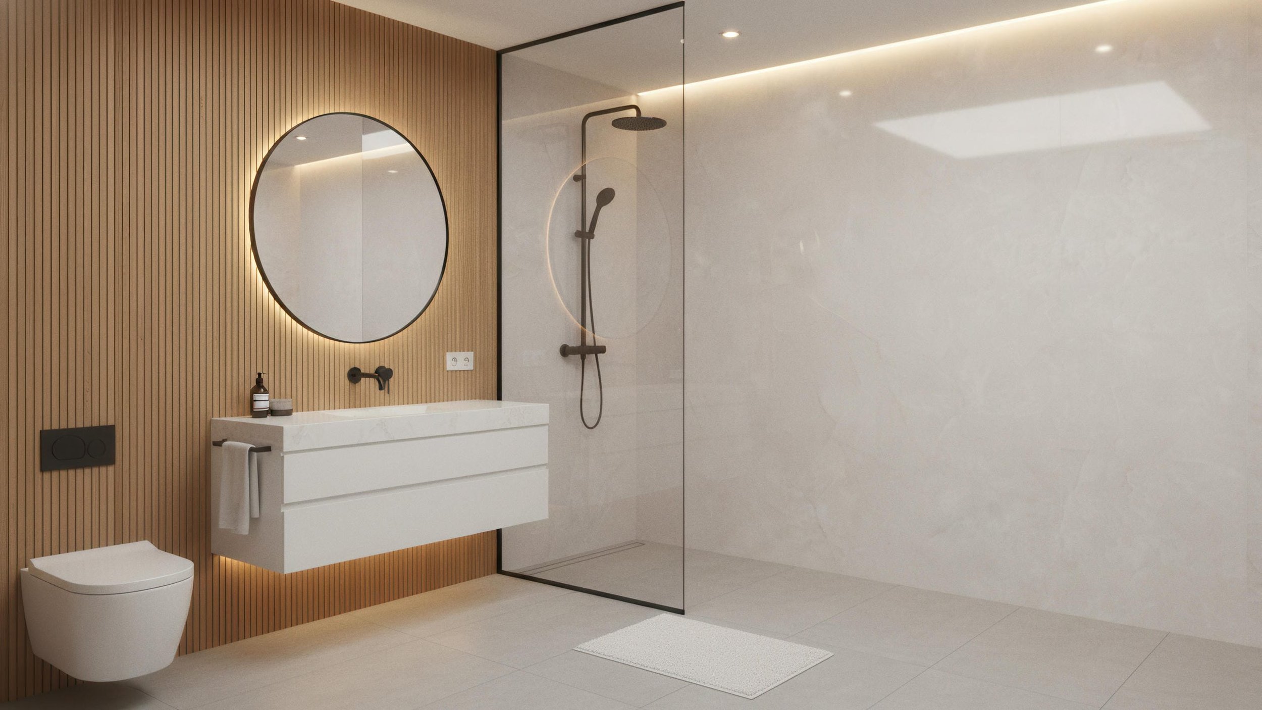 Modern Bathroom With Porcelain Slab Feature Wall Utilizing Glaceir 5x10 Porcelain Slab from CIERO INC