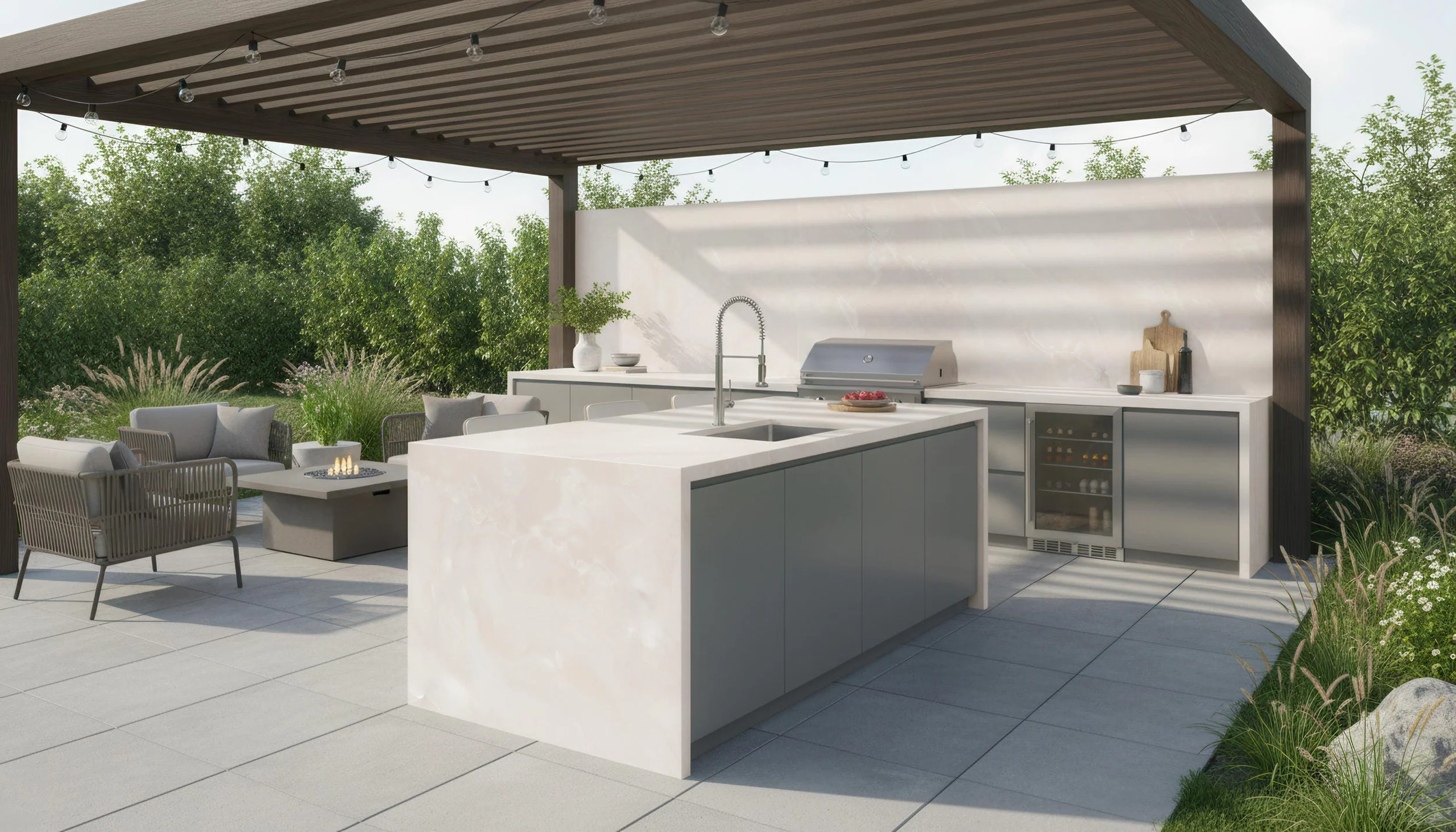 Modern Outdoor Kitchen with Onyx Pink 4x10 Porcelain Slab Island | CIERO