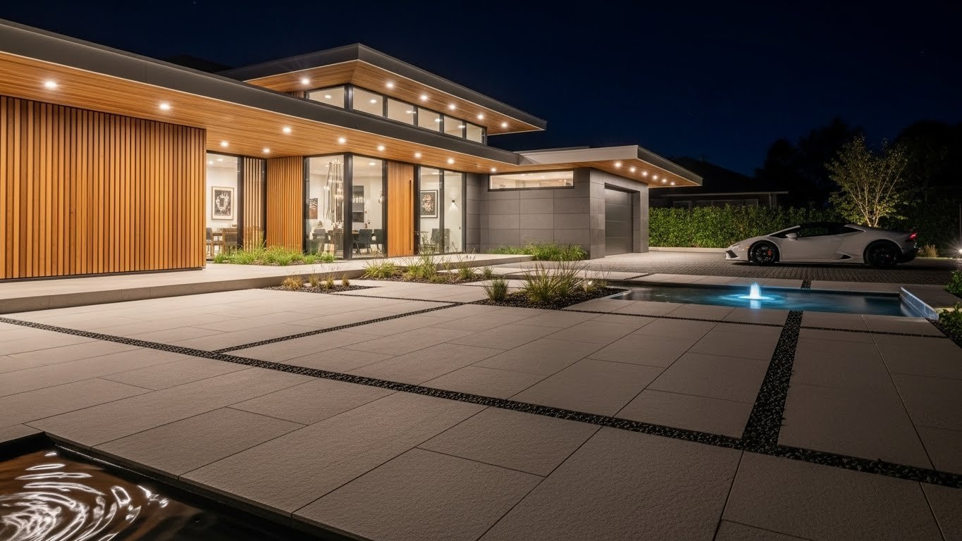 Modern House Front Entrance with Porcelain Outdoor Pavers