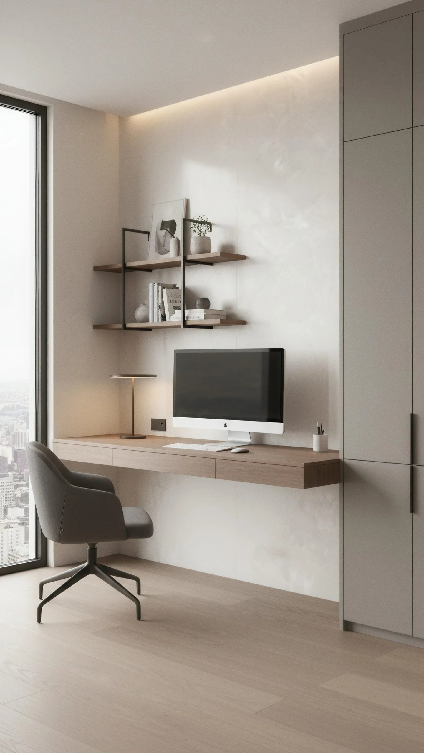 Modern Home Office Feature Wall With Glacier Porcelain Slab 5x10 | CIERO INC