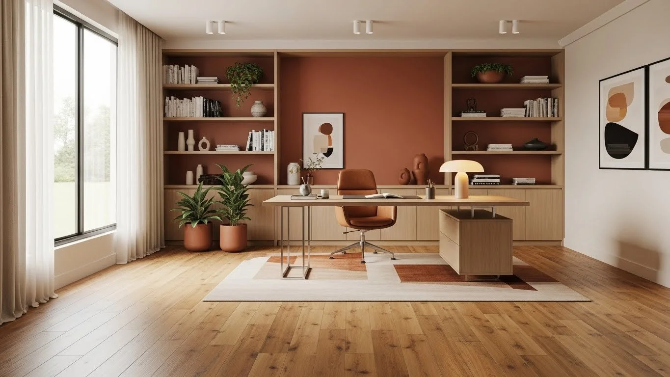 Modern Home Office With warm Tones And Engineered Wood Flooring