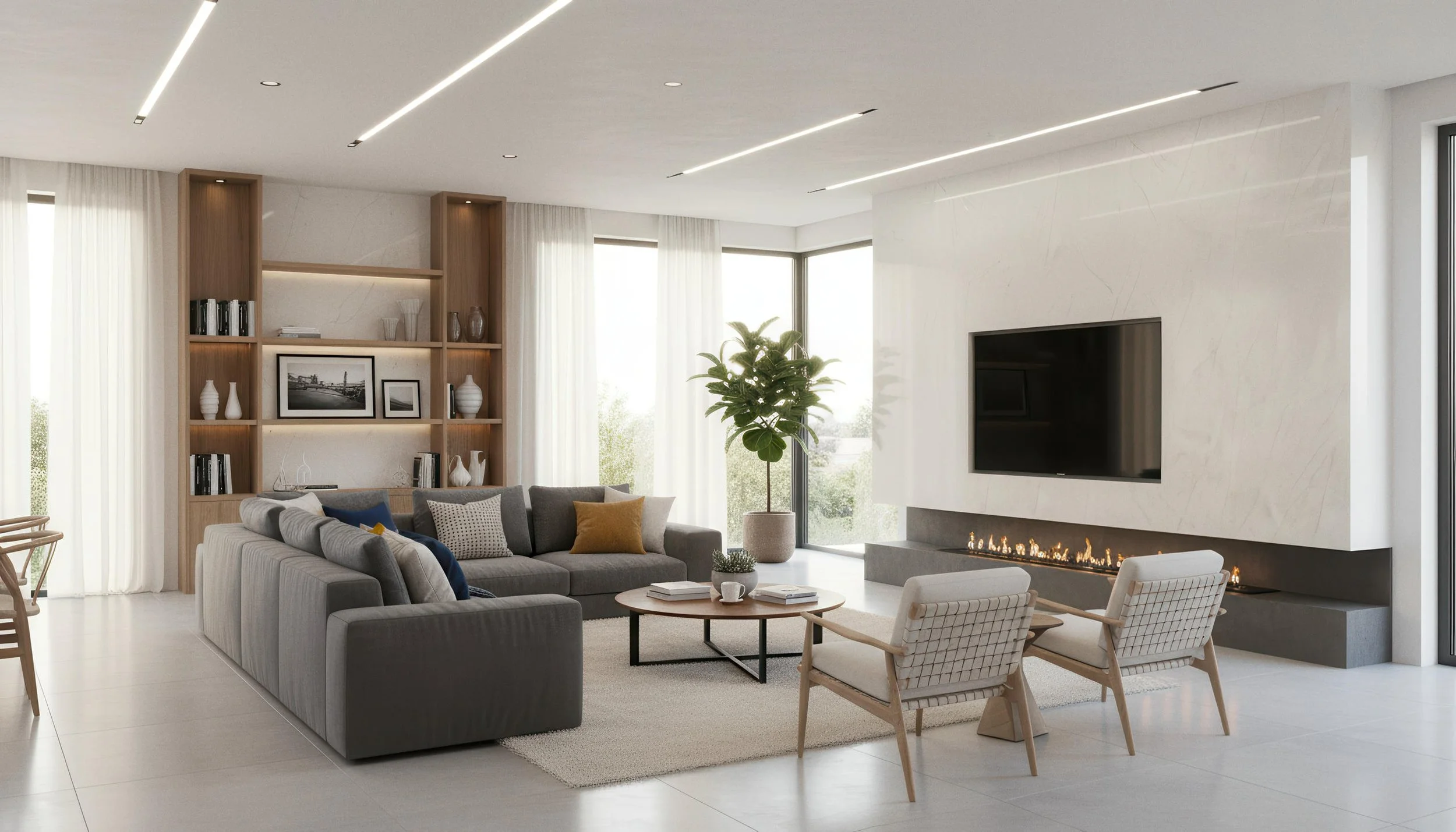 Modern Livingroom with Glacier Crystal 4x10 Porcelain Slab Fireplace TV Wall | CIERO