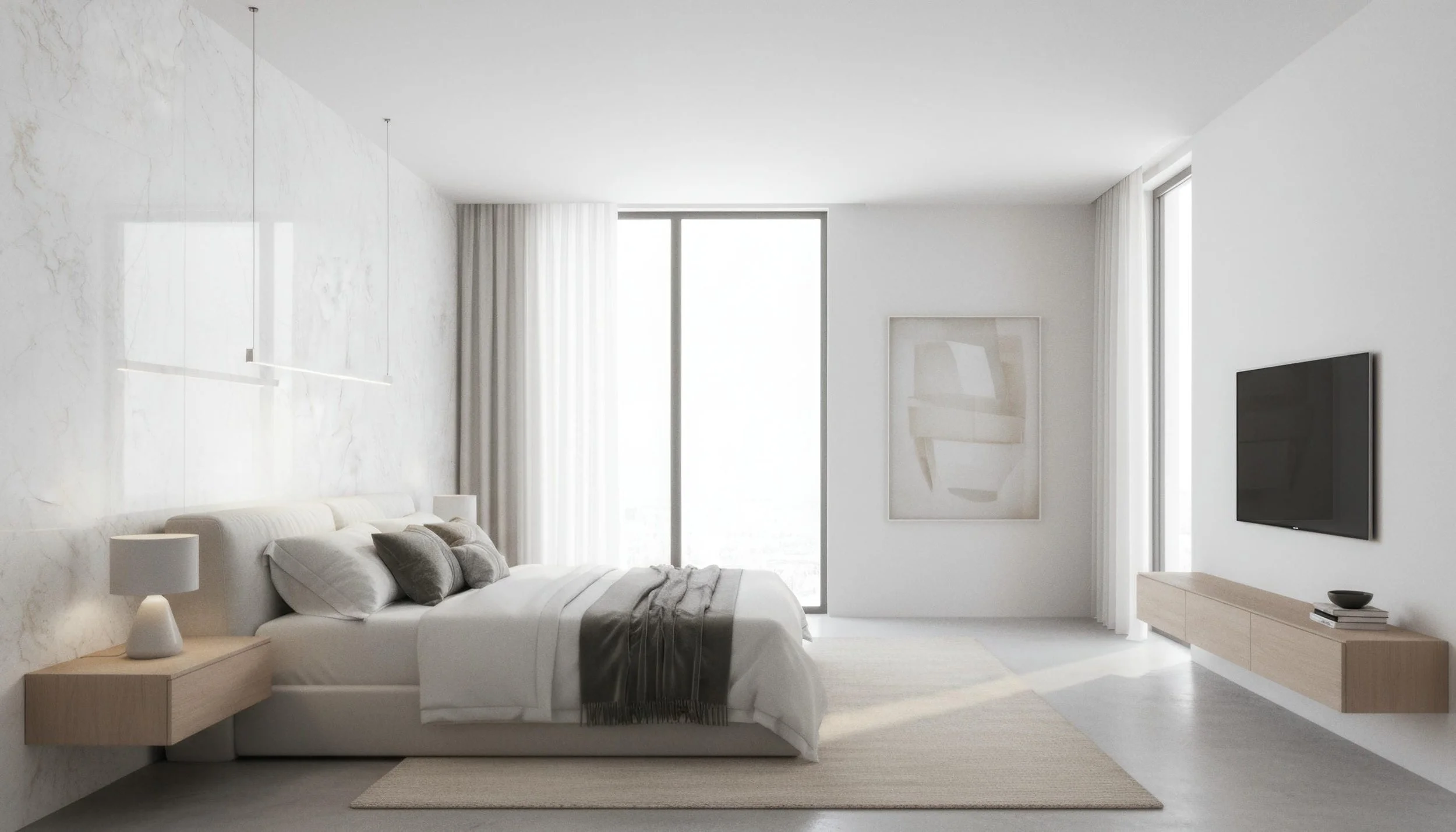 Modern Bedroom With Zeus White 5x10 Porcelain Slab Featurewall| CIERO