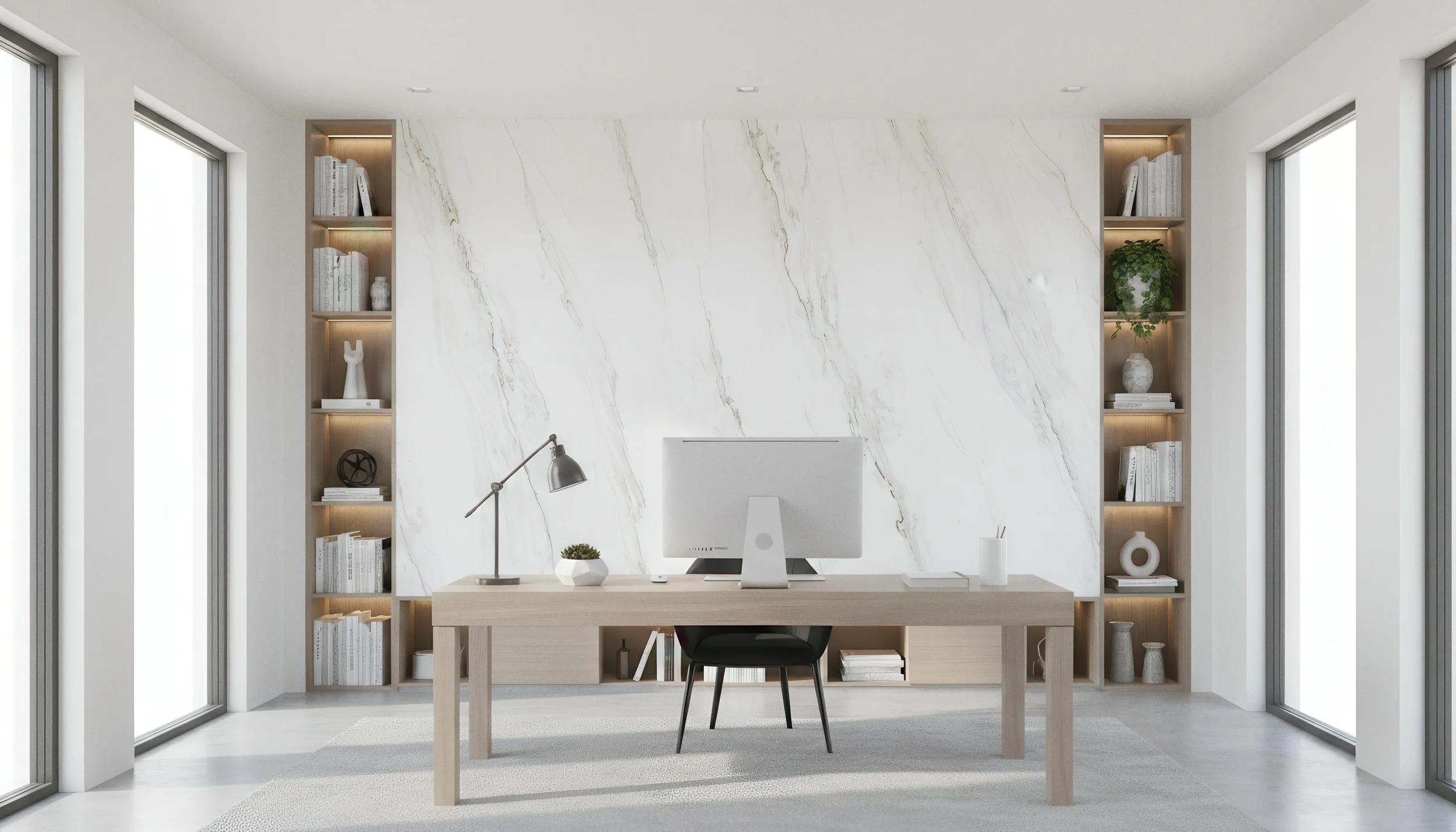 Modern Home Office With Calacatta Carina 4x9 Porcelain Slab Accent Wall | CIERO