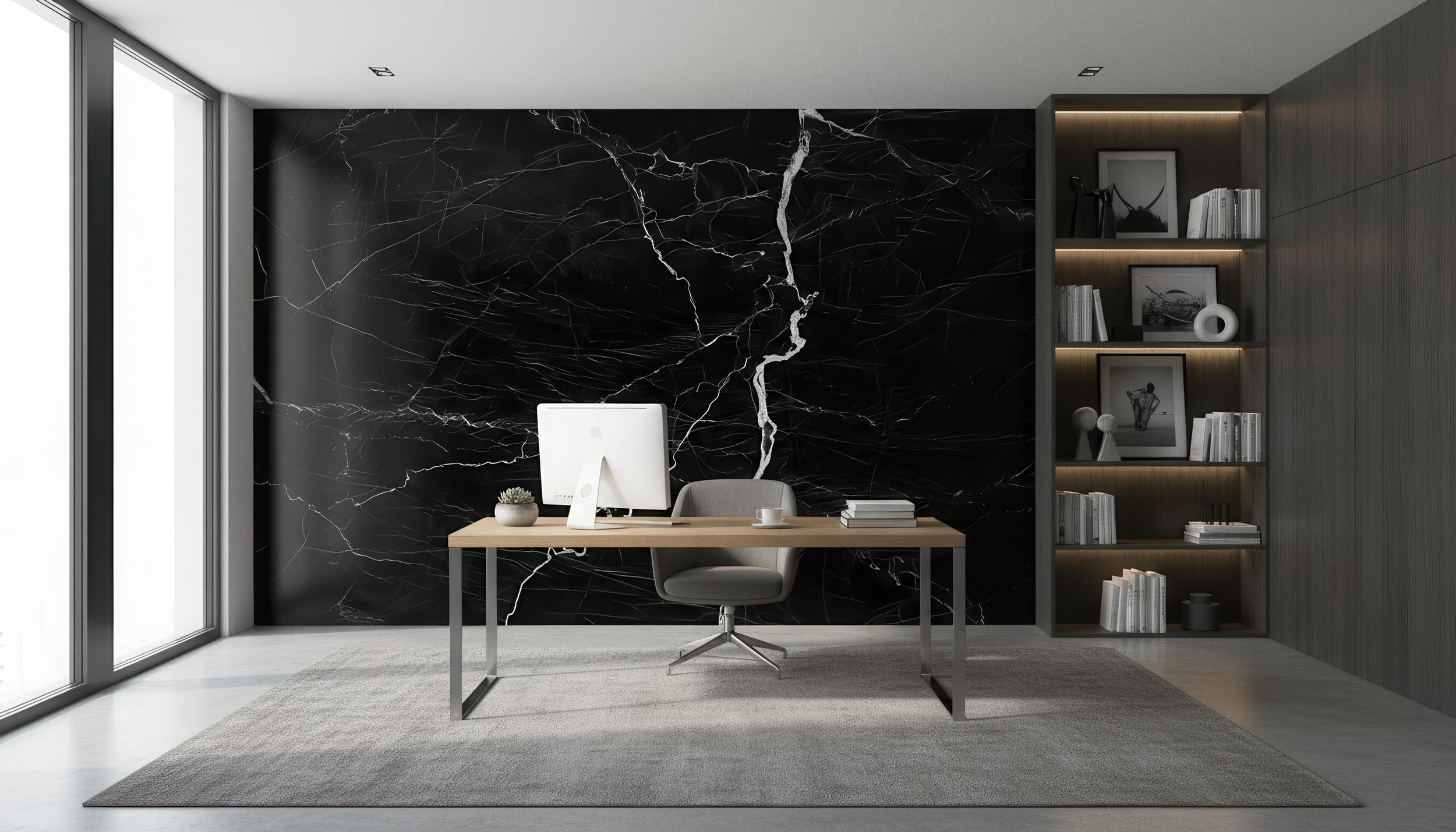 Modern Home Office Setup With Ararat Lightning Black 4x9 & 5x10 Porcelain Slab Accent Wall | CIERO INC
