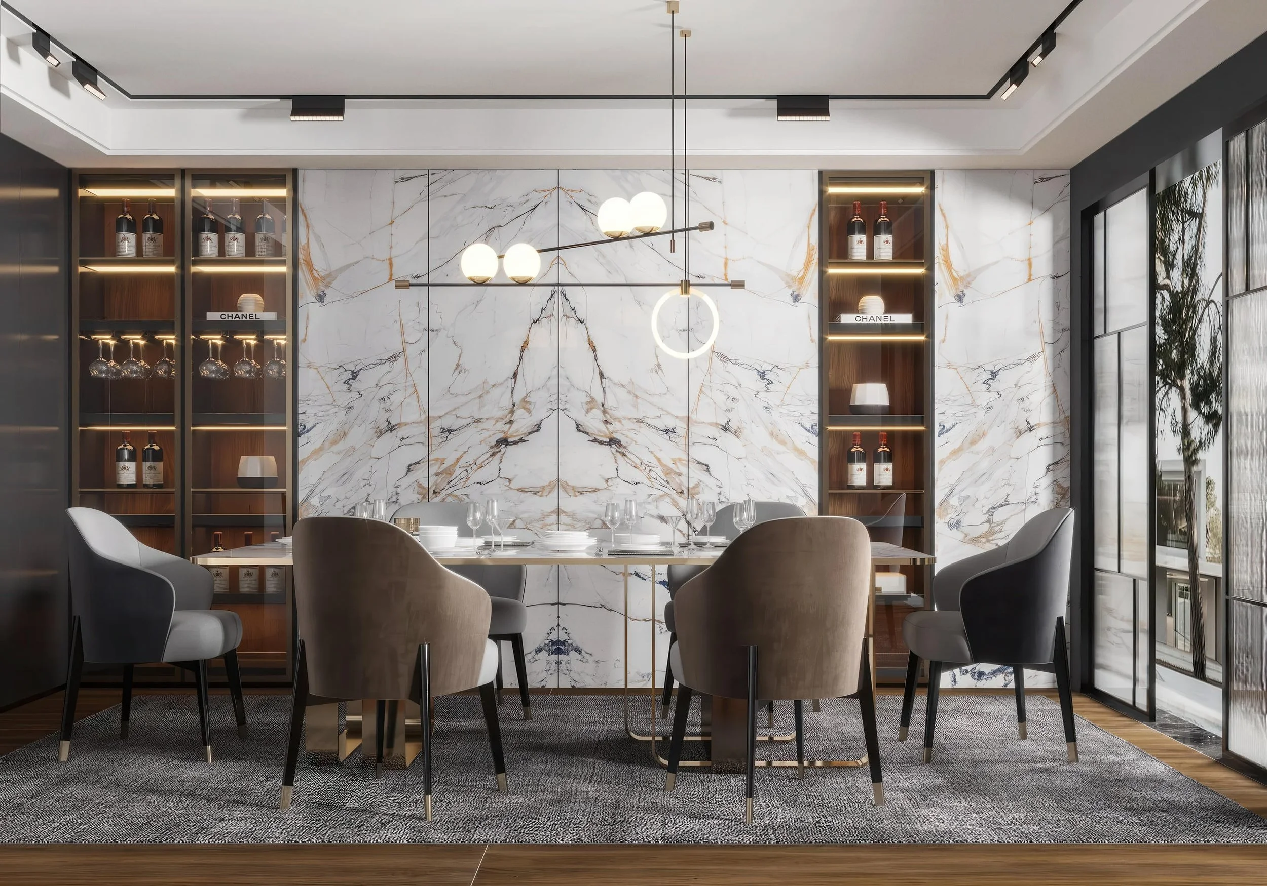 Modern Livingroom With Gilt Year 4x9 Porcelain Slab Accent Wall | CIERO INC